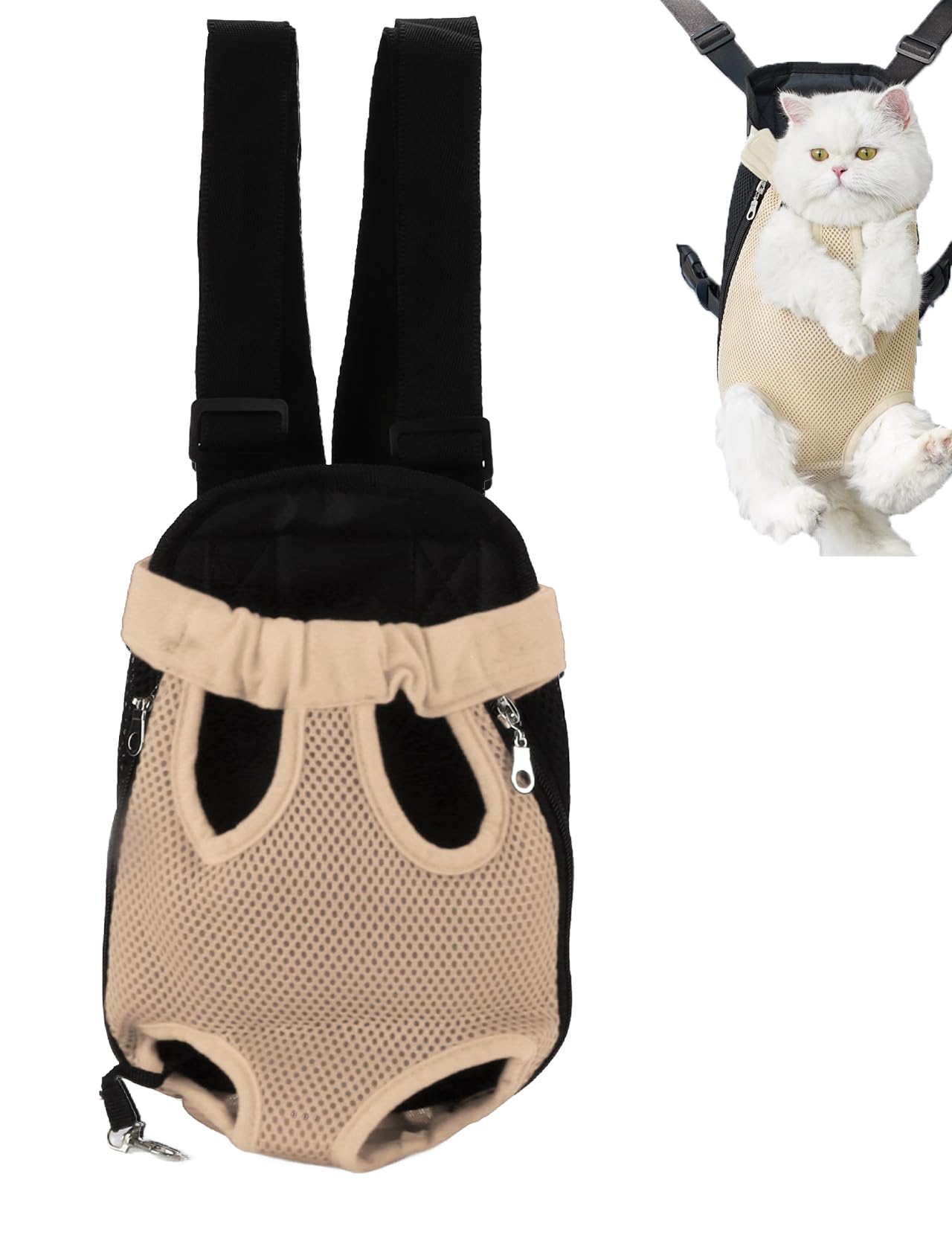 Sac Transport Chat, Sac à Dos Mains Libres à Sangle Réglable, Pas de Tension aux Epaules, Maille Respirante Porte Chat Ventral pour l'extérieur, Les Voyages, Le Métro (M-Beige)