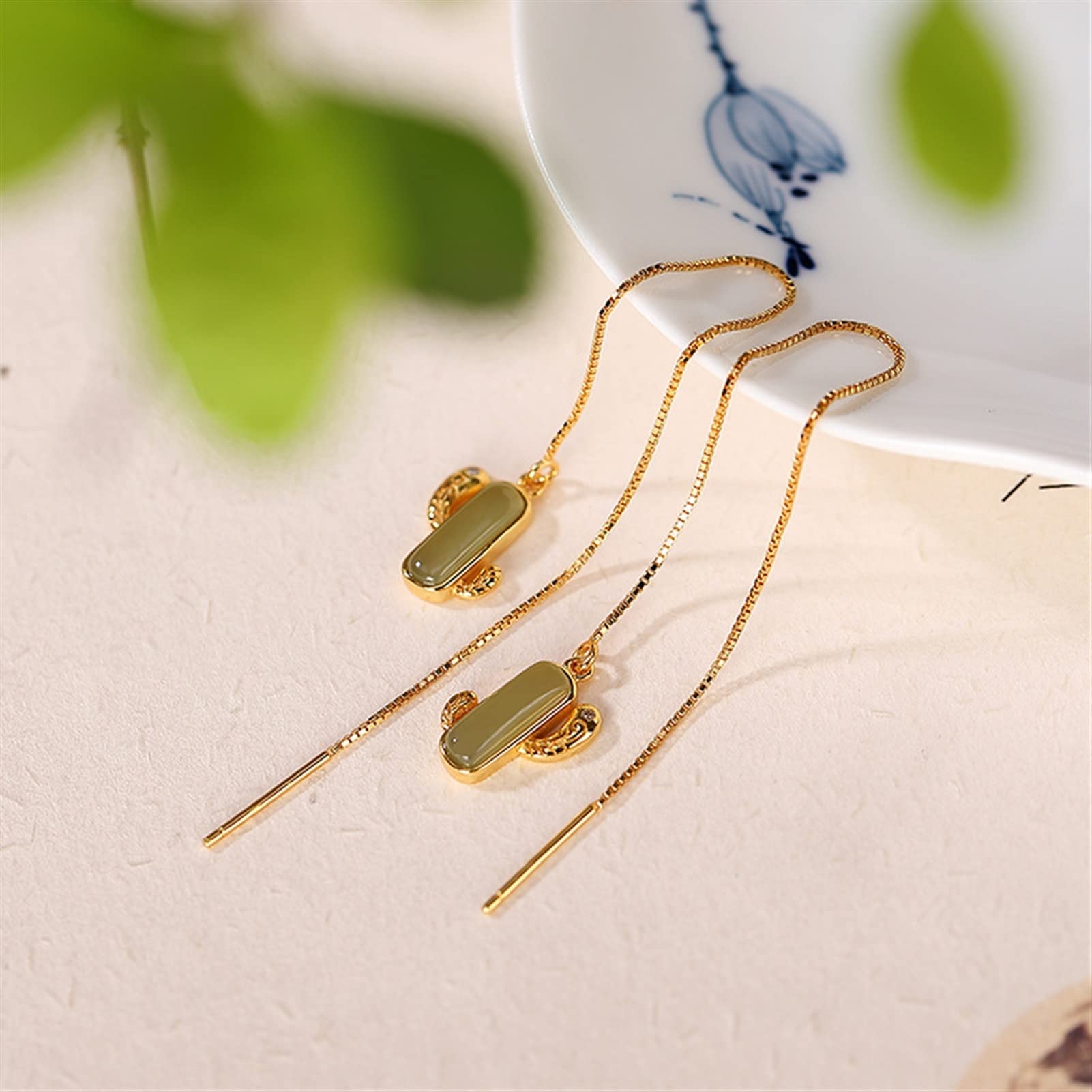 Pendientes de plata S925 con incrustaciones de oro y jade hetiano, pendientes con forma de cactus para mujer, joyería para novia