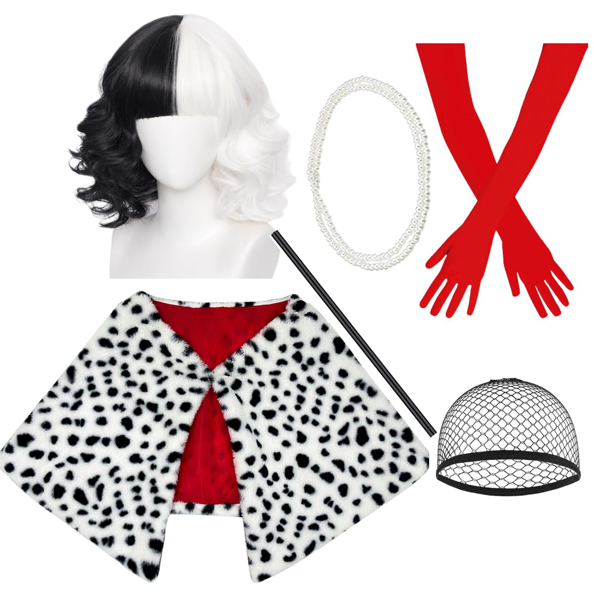 ATAYOU 7 Piece Women Carnival Halloween Cosplay Costume Set with Short Black and White Wig