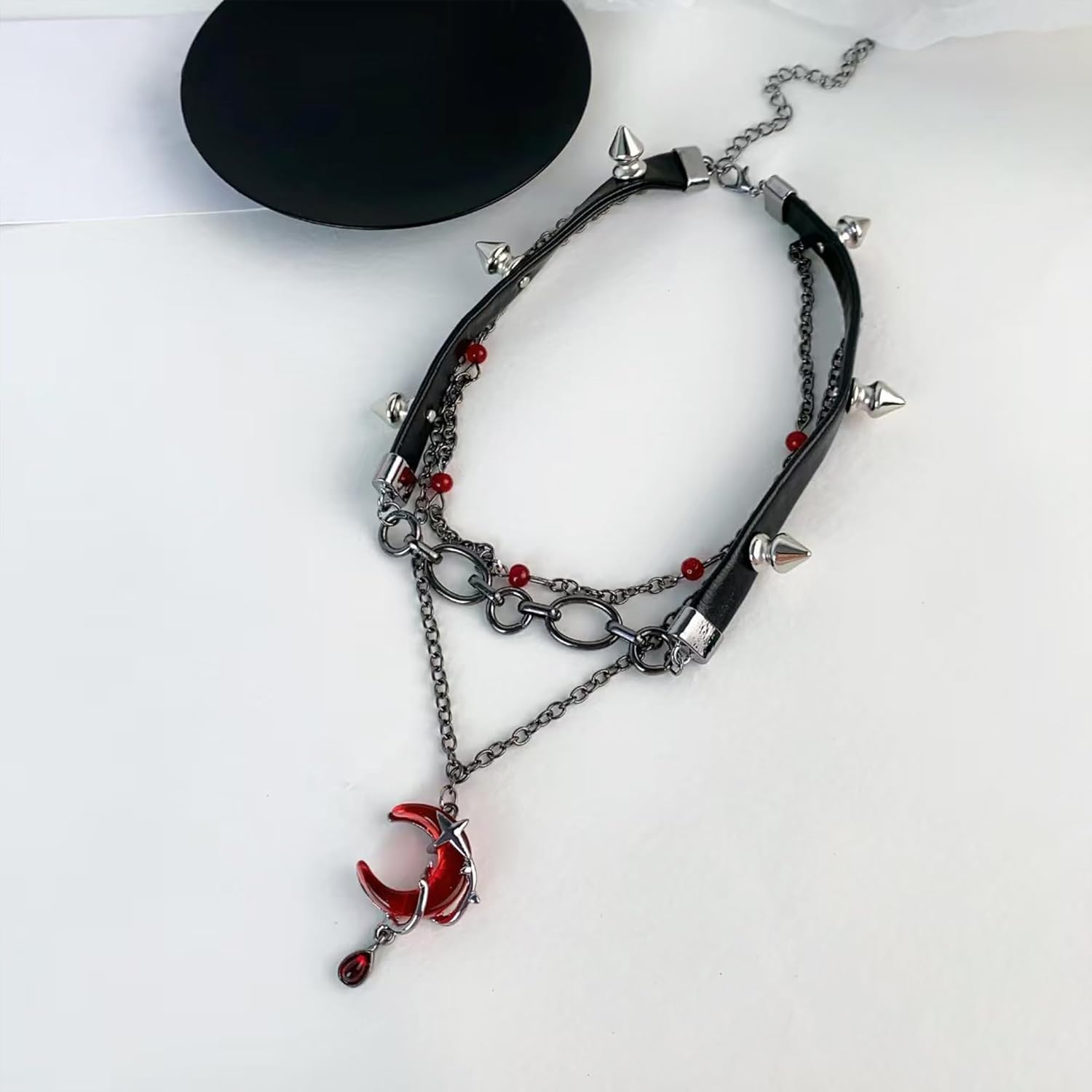 Nojess Gothic Crescent Moon Pendant Necklace for Women Black Vintage Layered Necklace Spike Leather Chain Choker Punk Jewelry Halloween Vampire Costume Accessories - Image 6