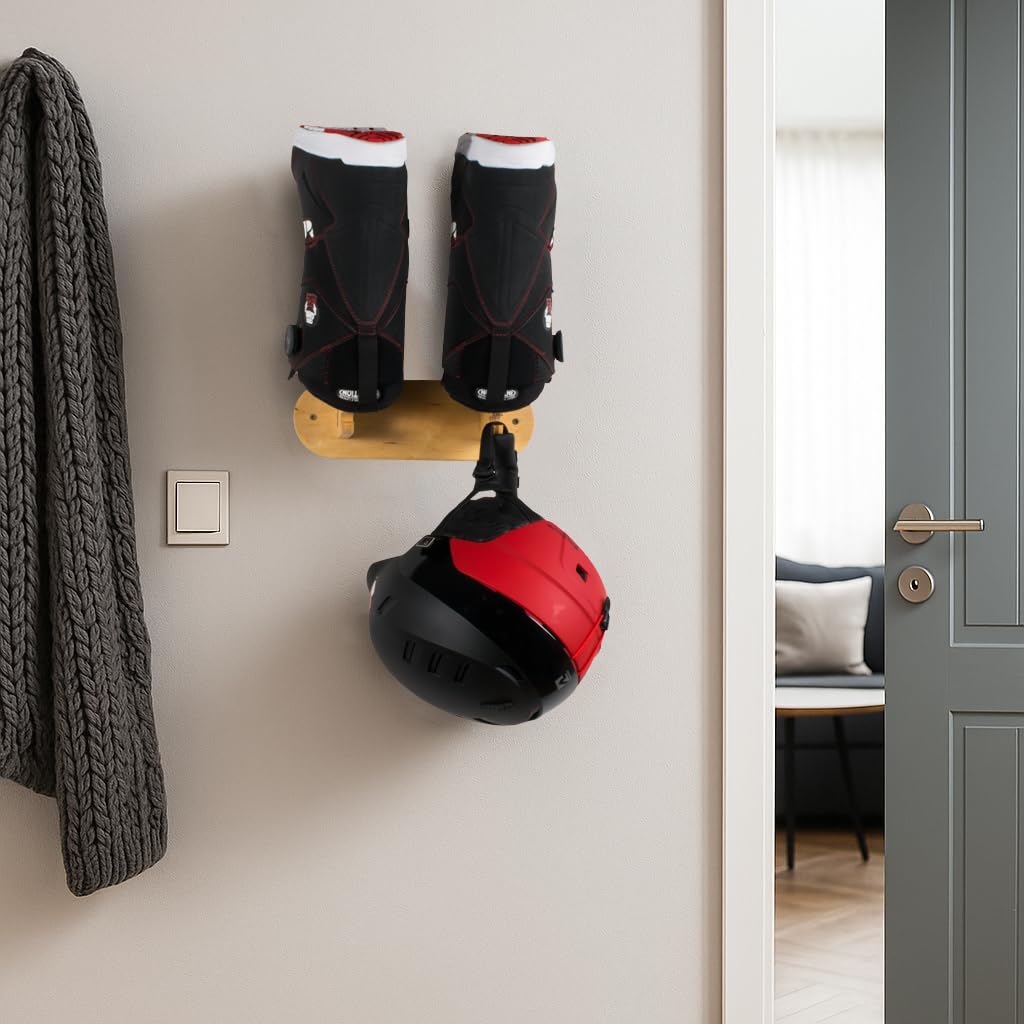 John Paddle Wandhalterung für Skischuhe & Snowboardboots – aus Birkensperrholz – nachhaltiger Holzhalter mit Haken für Helm und Skiausrüstung (1 Paar Schuhe)