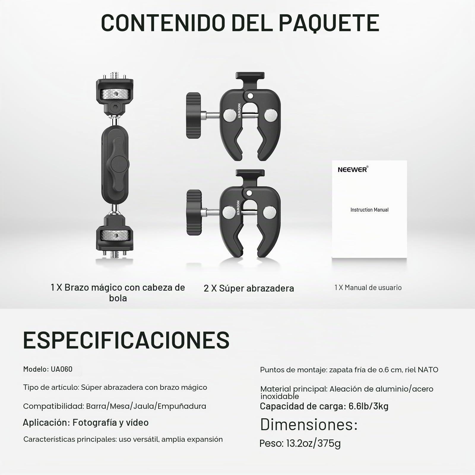 NEEWER Doble Súper Clamp Montaje Cámara con Brazo Mágico, Interfaz NATO, Zapatos Fríos,1/4" Agujeros para ARRI, Abrazadera de Soporte Luz Foto Estudio Escritorio Barra Transversal Paraguas, UA060