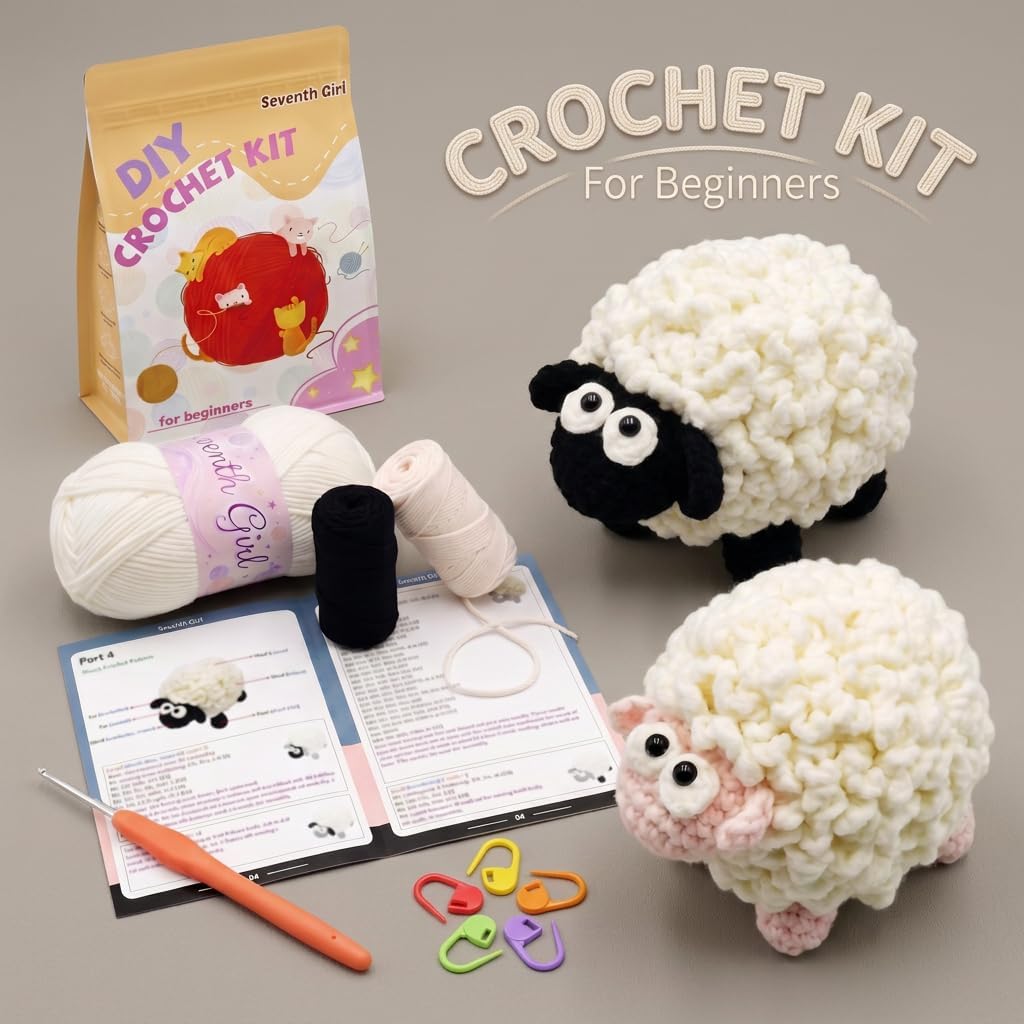 Seventh Girl Crochet Kit for Beginners, Crochet Starter Kits for 2PCS Sheep