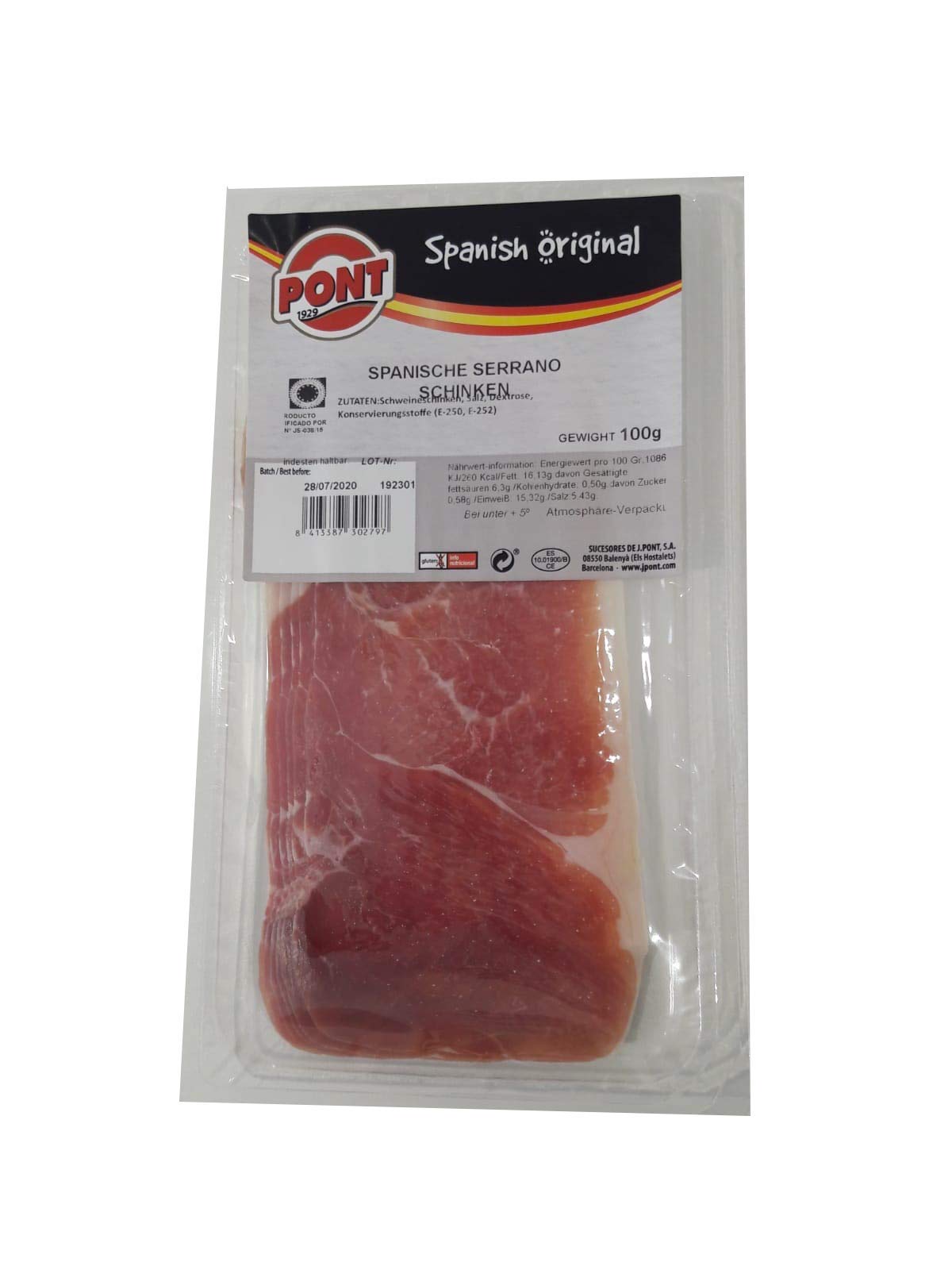 Spanischer Schinken Aufschnitt / Jamón curado loncheado - 0,100 Kg
