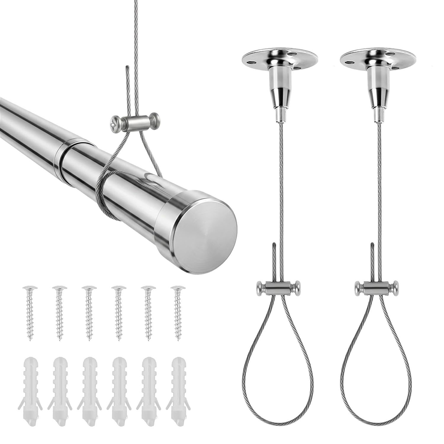 2 Pack Ceiling Shower Curtain Rod Support Kit, 150cm Adjustable Wardrobe Rail Bracket Curtain Rod Holder Durable Wardrobe Rail Support, Closet Rod Holder for Curved Straight L/U-Shaped Bars