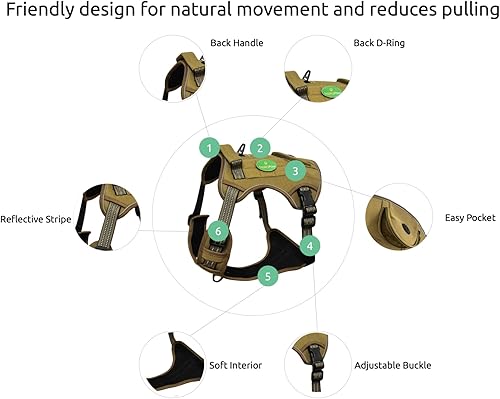 Miniatura 3 de MokaPaw Arnés táctico para perro con collar y correa (paquete 3 en 1), arnés de chaleco ajustable y reflectante sin tirones, collar de perro de