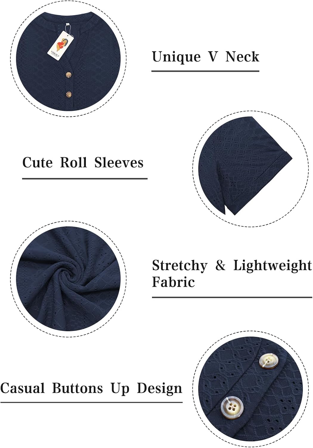 VISLILY Womens-Plus-Size-Summer-Tops Roll Short Sleeve V Neck T Shirts Trendy Eyelet Blouses Cute Buttons Up Tunics Tee - Image 3