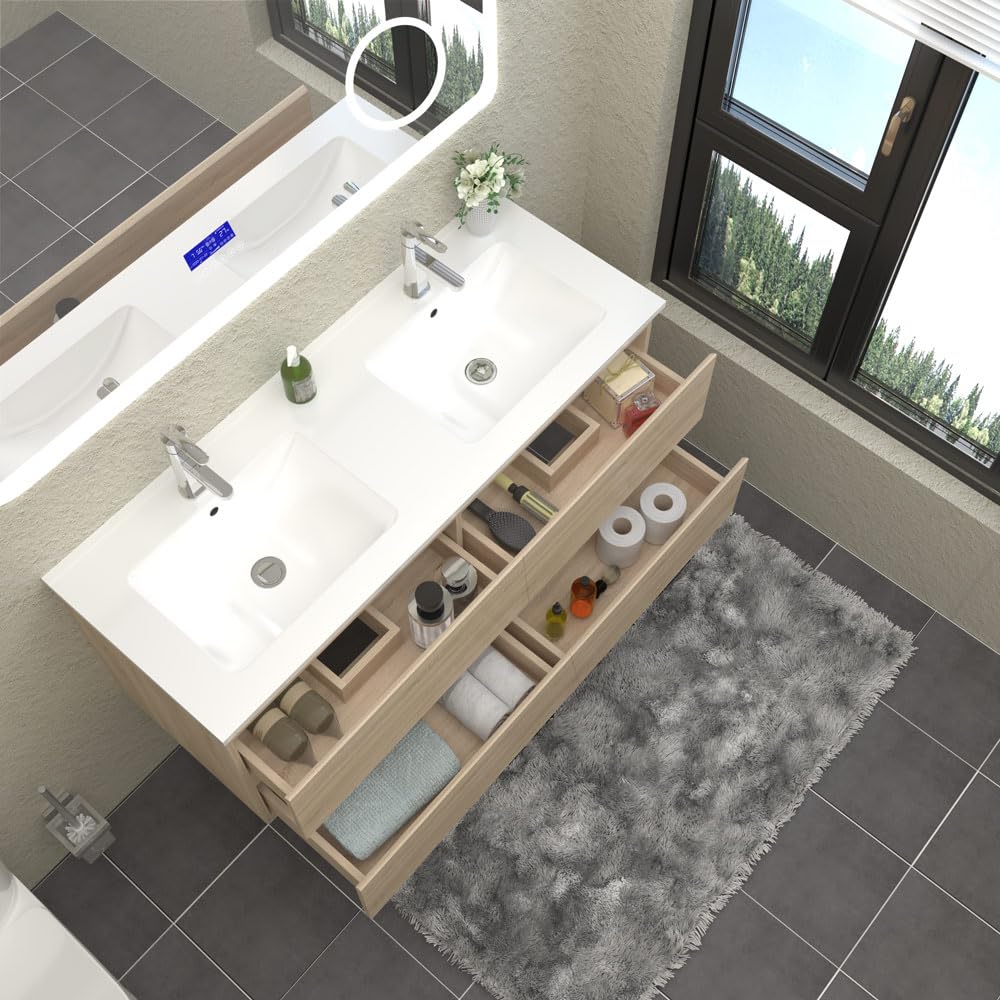Meuble de Salle de Bain Double Vasque 120 cm + Casier Couleur chêne（Quatre tiroirs）
