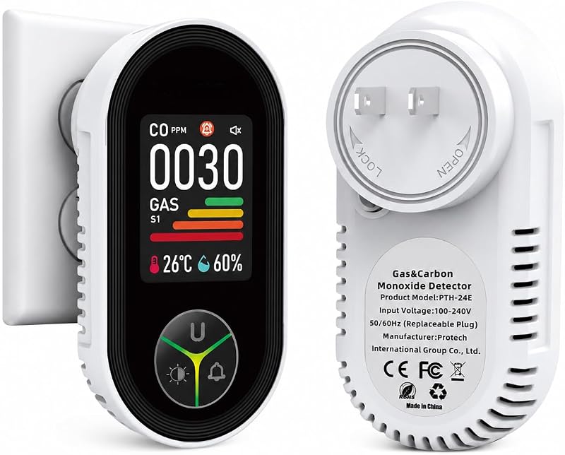 Protmex Detector de fugas de gas 4 en 1, detector de gas portátil enchufable con monitoreo de PPM en tiempo real, pantalla de temperatura y humedad, alarma audible y visual para el hogar, RV, cocina, caravana