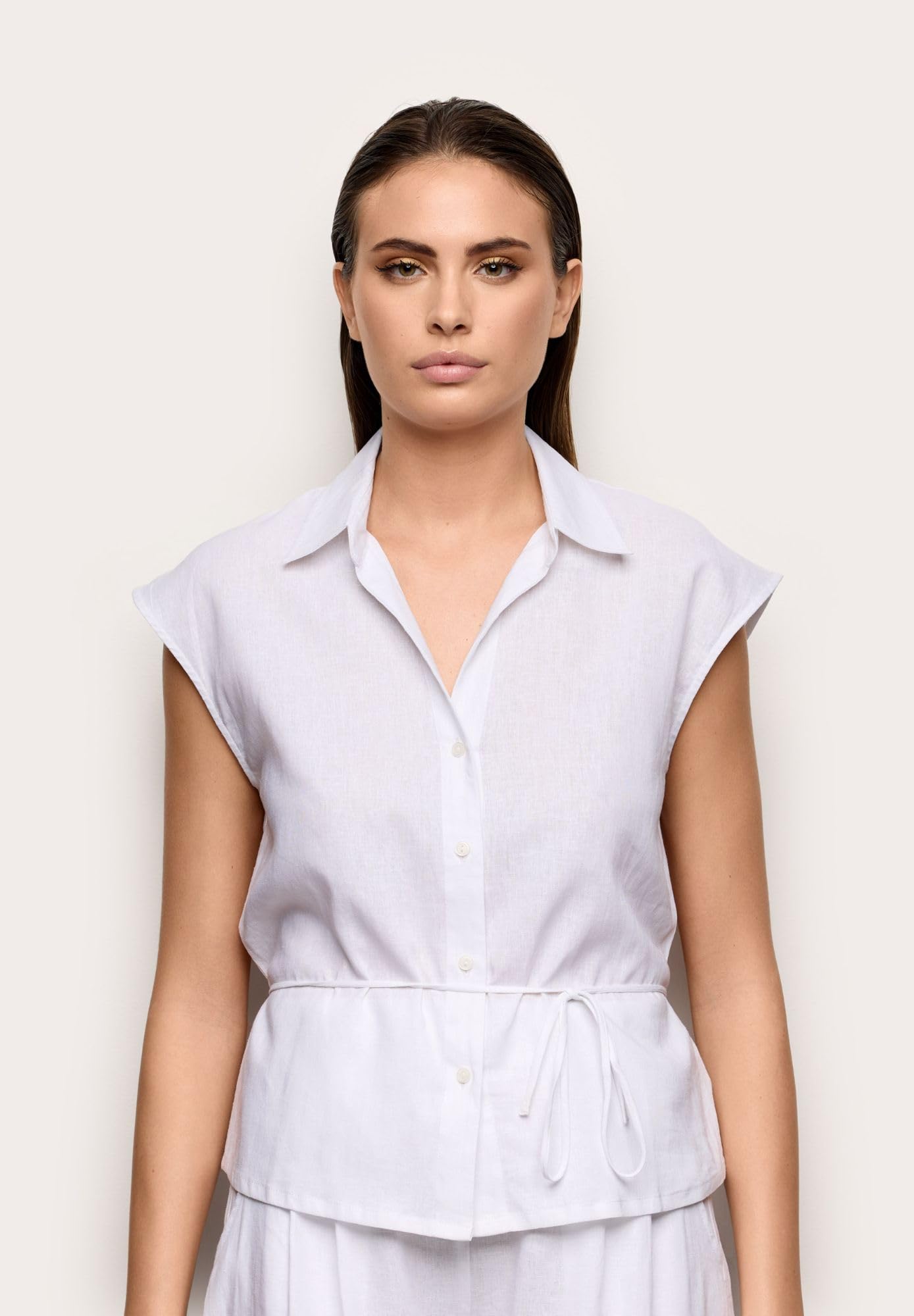 YAMAMAY - Chemise à manches courtes pour femme, lin viscose, blanc, monochrome