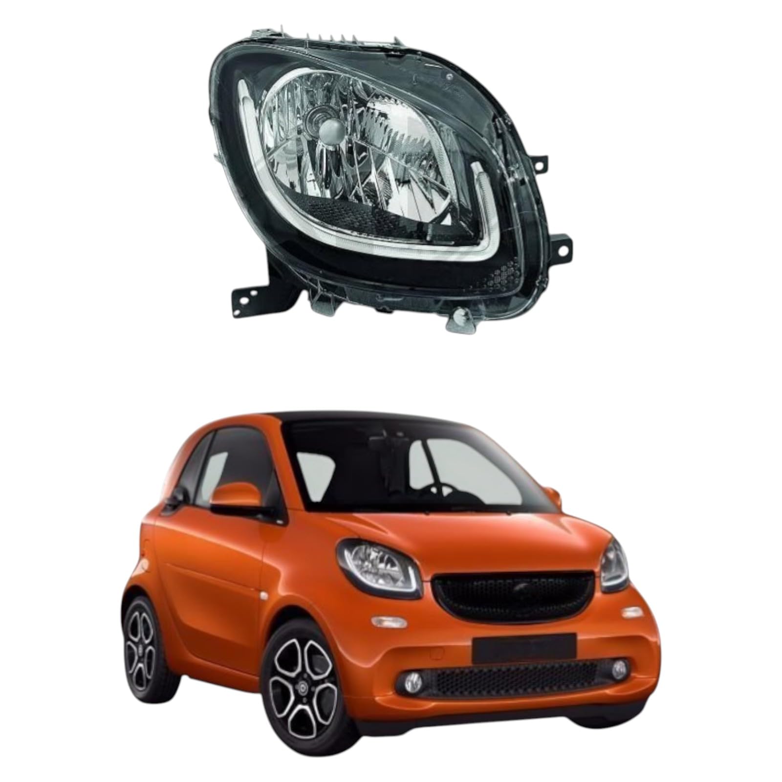 Proiettore Destro Parabola Nera Modello High Line per FORTWO (453) dal 2014 in poi H4 - Faro DX Lato Passeggero - Compatibile, Non Originale