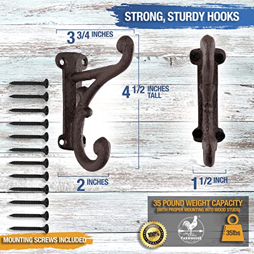 Rustic Cast Iron Coat Hooks (3 Pack) Wall Mounted Farmhouse Decorative Wall Hooks, Vintage Hooks For Hanging Coats, Bags, Hats, Towels (Rustic Dark Brown Patina, Includes Hardware) #TOP1