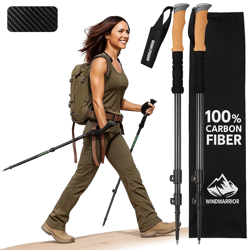 WindWarrior Carbon Pro Trekking Poles – Ultra-Light, Durable, Adjustable Hiking Poles for Men & Women – Telescopic Walking Sticks – Includes Travel Bag & Accessories