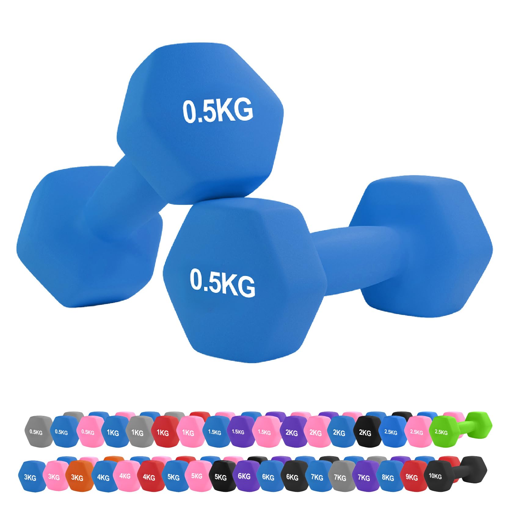 Neoprene Hex Dumbbell Set 0.5–10kg – Non-Slip Comfort Grip Hand Weights for Home Gym, Strength Training, Full-Body Workouts, HIIT, CrossFit, Pilates (0.5Kg Pair-Blue)