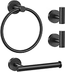 Towel Ring Set 4 Piece Bathroom Hardware Set Includes Towel Ring 2 Towel Hooks and Toilet Paper Holder Stainless Steel Wall Mounted (Matte Black)