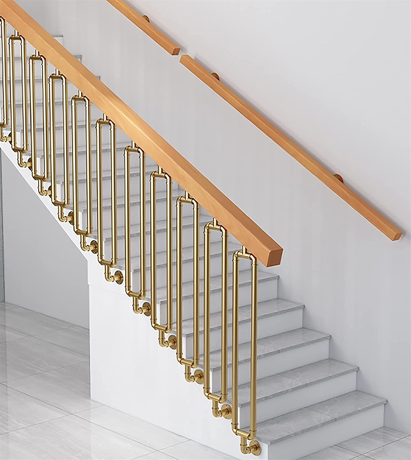 X&Z-XAOY Holzhandläufe Für Treppen Mit Goldener Halterung, Rutschfestem Haltegriff Für Ältere Menschen/Behinderte An Der Wand Befestigter Moderner Quadratischer Treppenhandlauf (Size : 2m(6.5ft))