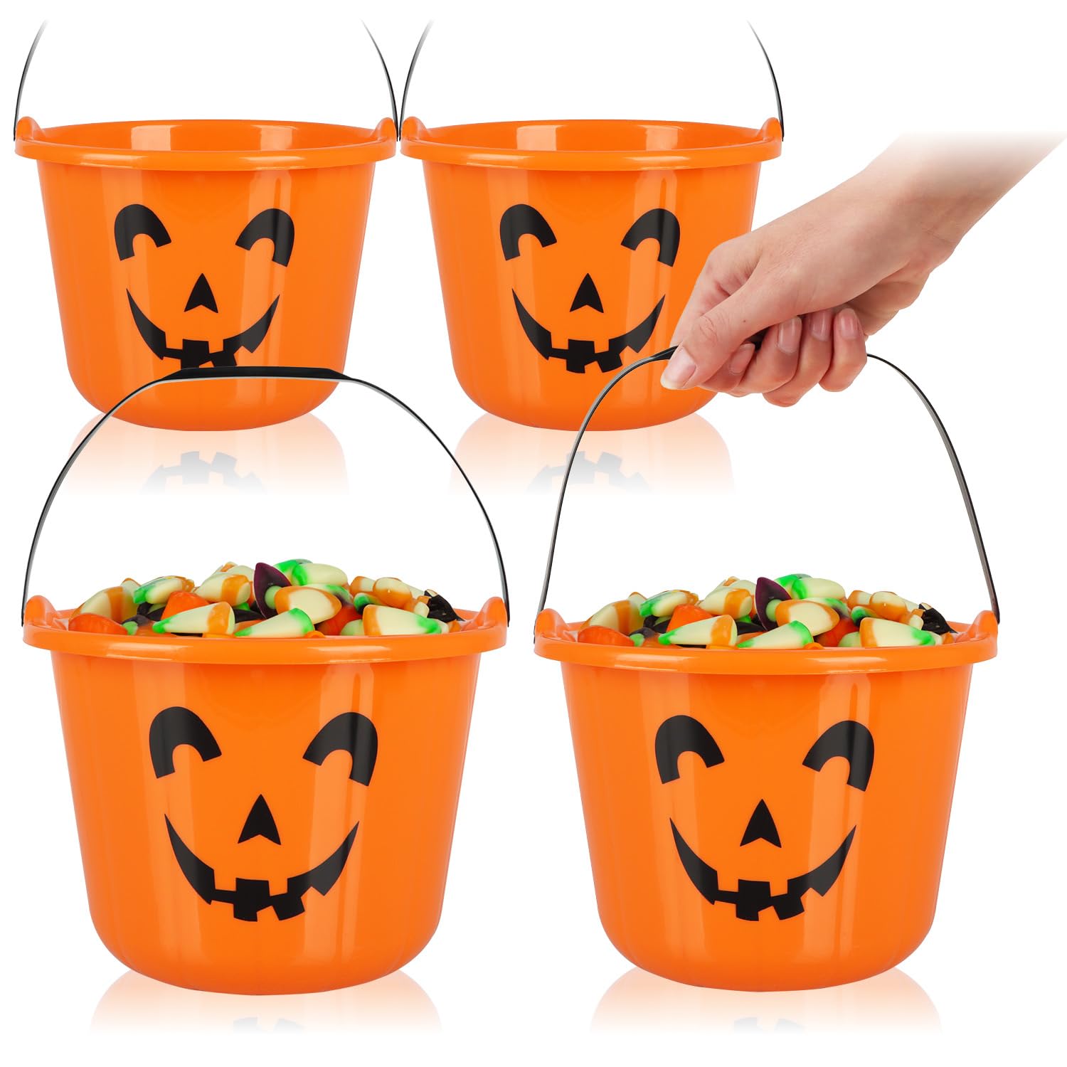 com-four® 4X Halloween Kürbis Eimer - Kunststoff-Eimer im Kürbis-Design zum Sammeln von Süßigkeiten - Sammel-Tasche mit Henkel für Halloween