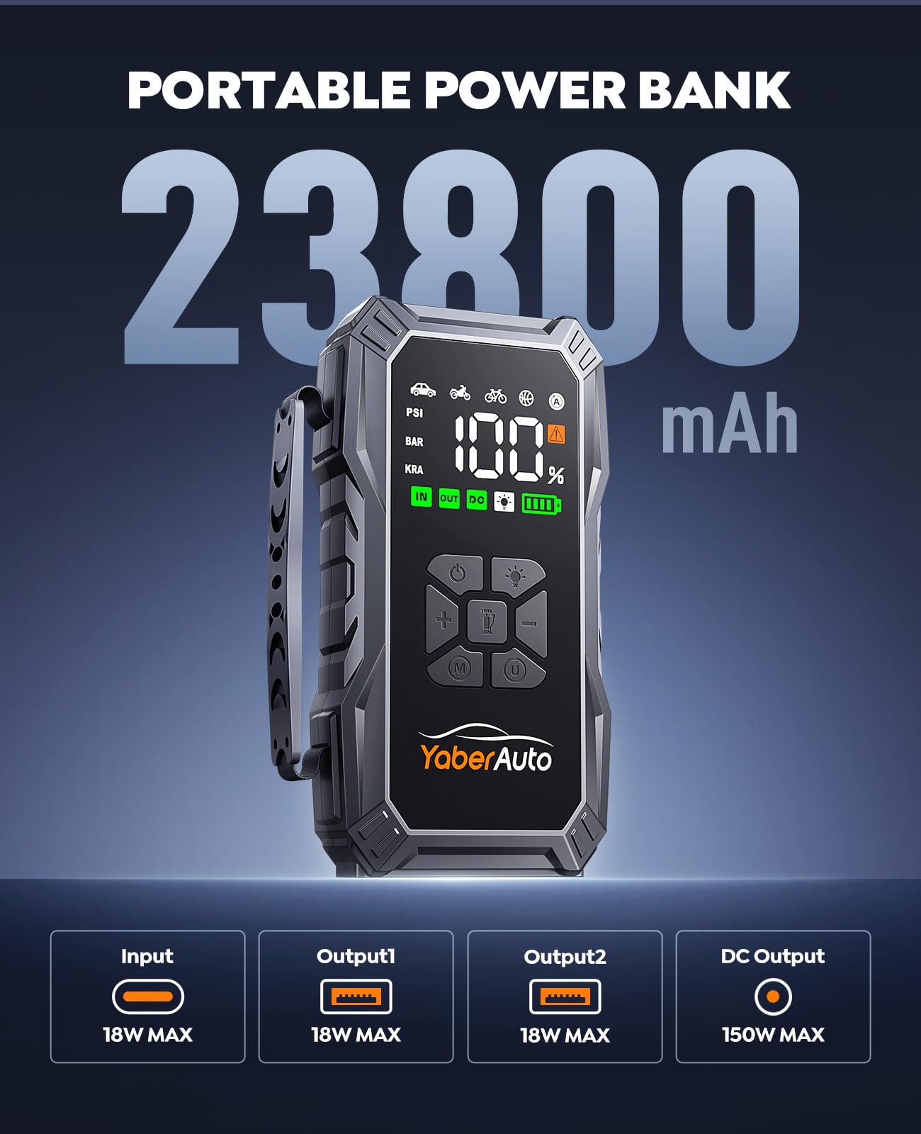 YaberAuto 9-in-1 Jump Starter with Air Compressor 5500A 150PSI Portable Car Battery Jump Starter (All Gas/10L Diesel), Jump Box Car Battery Jumper Starter Portable Jumper Cables, 150W DC, Lights