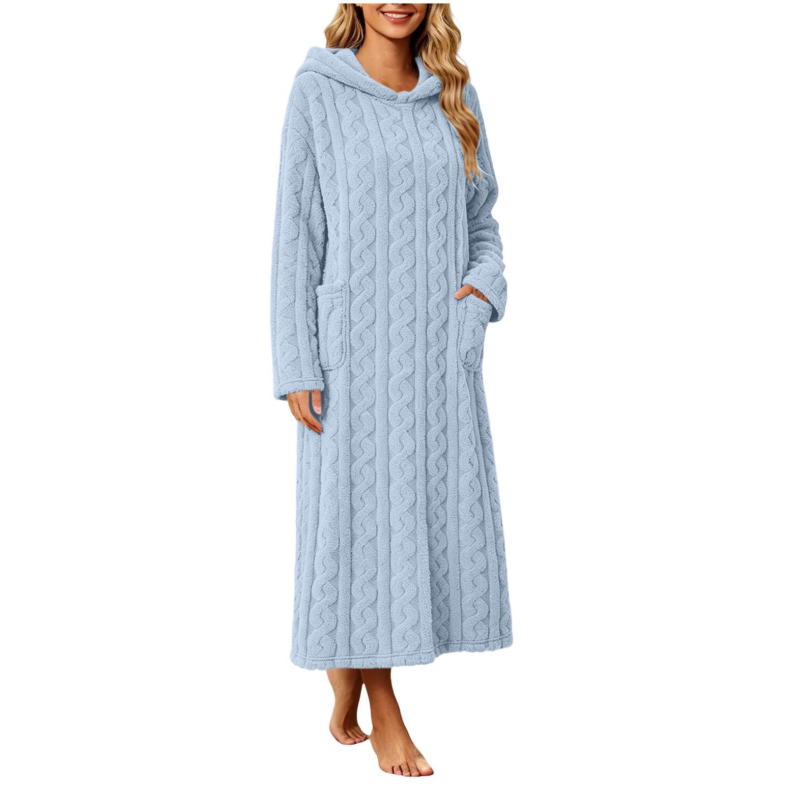 Albornoz con capucha para mujer, para otoño e invierno, cómodo, suave, largo, acogedor, cálido, de forro polar, con bolsillos, manga larga, mullido, de felpa, grueso, a la moda