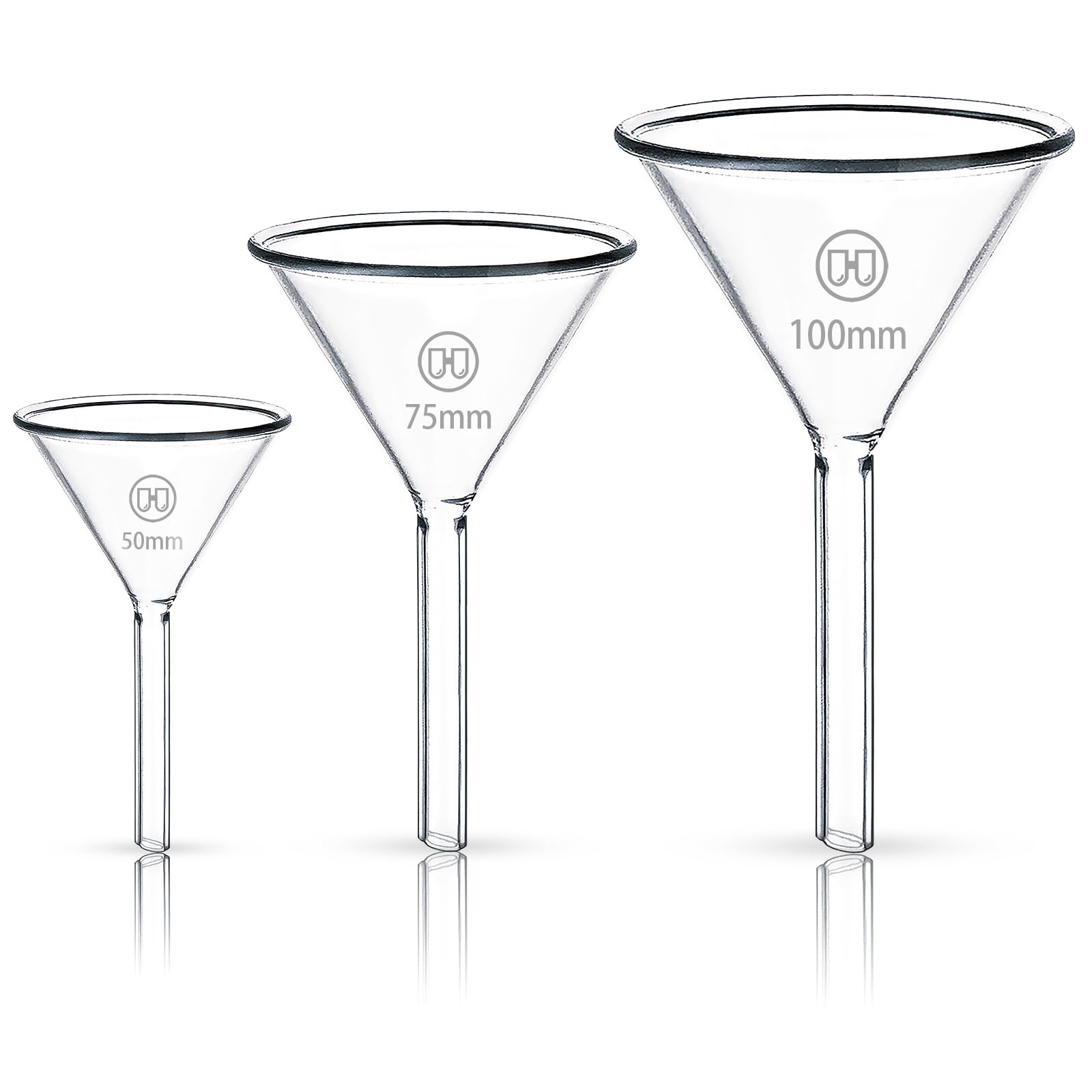 HUAOU 3pcs Glass Funnel Sets, 3.3 Borosilicate Glass Short Stem, Heavy Wall, Spice Funnel for Kitchen Use Filling Bottles, Filter Oil Funnels for