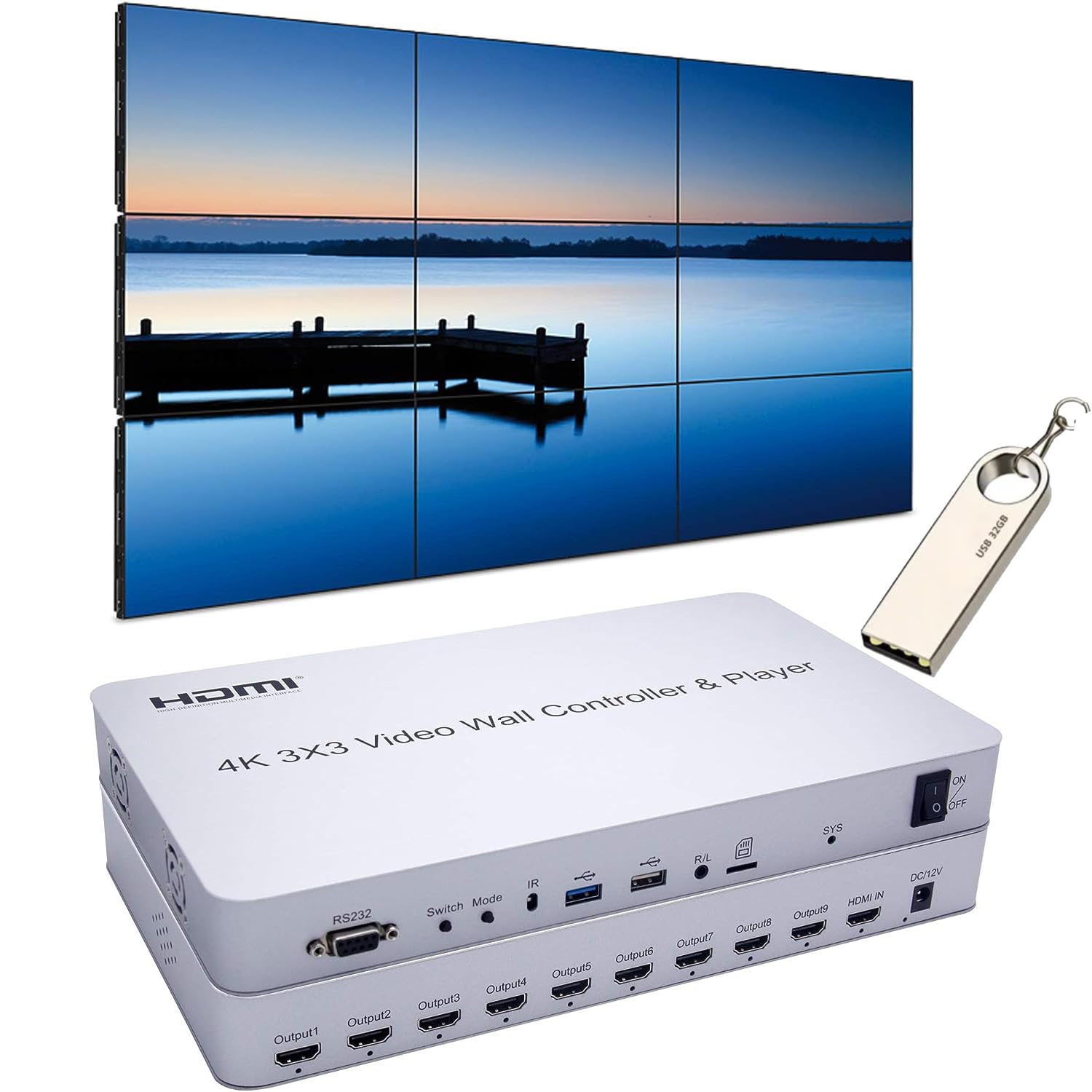 4K 3 x 3 Nuovo video wall controller USB+HDMI Input HDMI Output con Media Player, IR Remote+Voice Control+RS232, Edge Masking, 1x2, 1x3, 1x4, 2x1, 2x2, 2x3, 2x4, 3x1, 3x2, 3x3, 4x1, 4x2