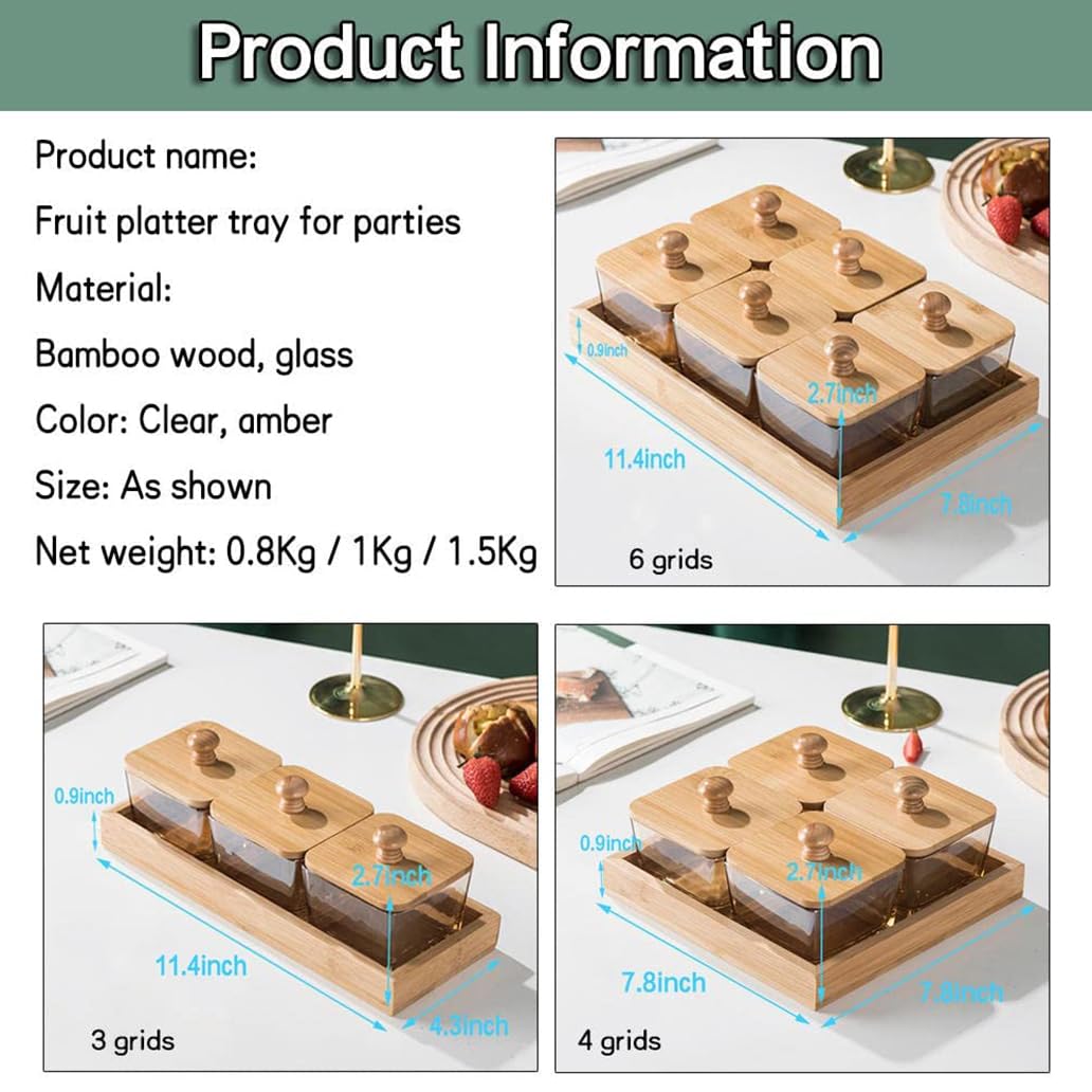 Vassoio per frutta diviso in bambù con coperchio, vassoio da portata in legno per snack e caramelle, organizer quadrato per snack e frutta per feste e conservazione, 6 scomparti.