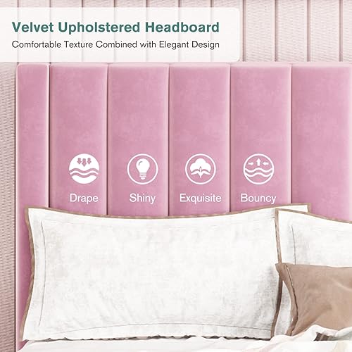 Miniatura 3 de IMUsee Base de cama tapizada de terciopelo tamaño Queen con cabecero, listones de madera fuertes, somier opcional, base de colchón, fácil montaje,