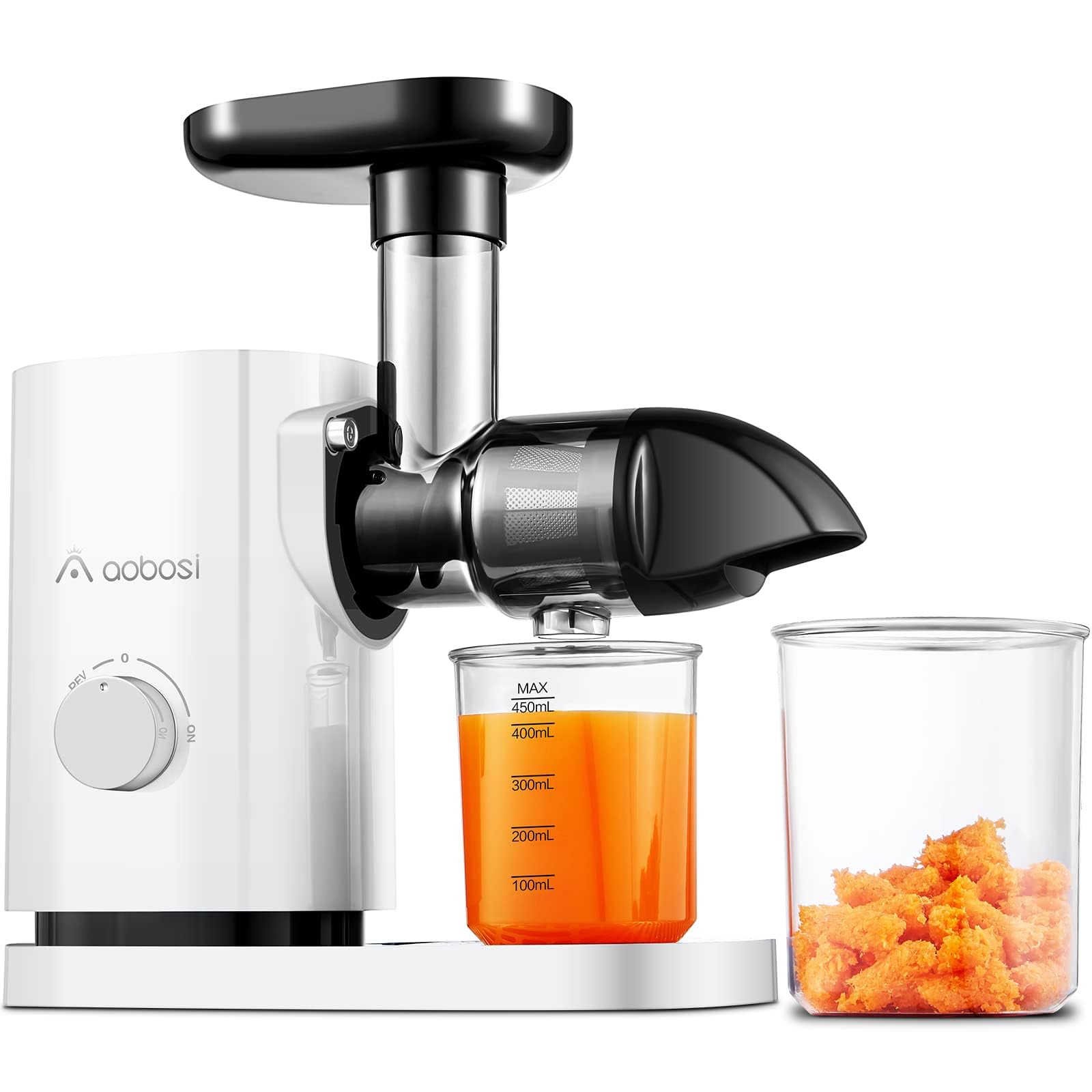 Slow Masticating Juicer, Aobosi Juicer Machines with Quiet Motor/Reverse Function/Easy to Clean Brush - Delicate Crushing Without Filtering - Cold Press Juicer for Fruit and Vegetable, White