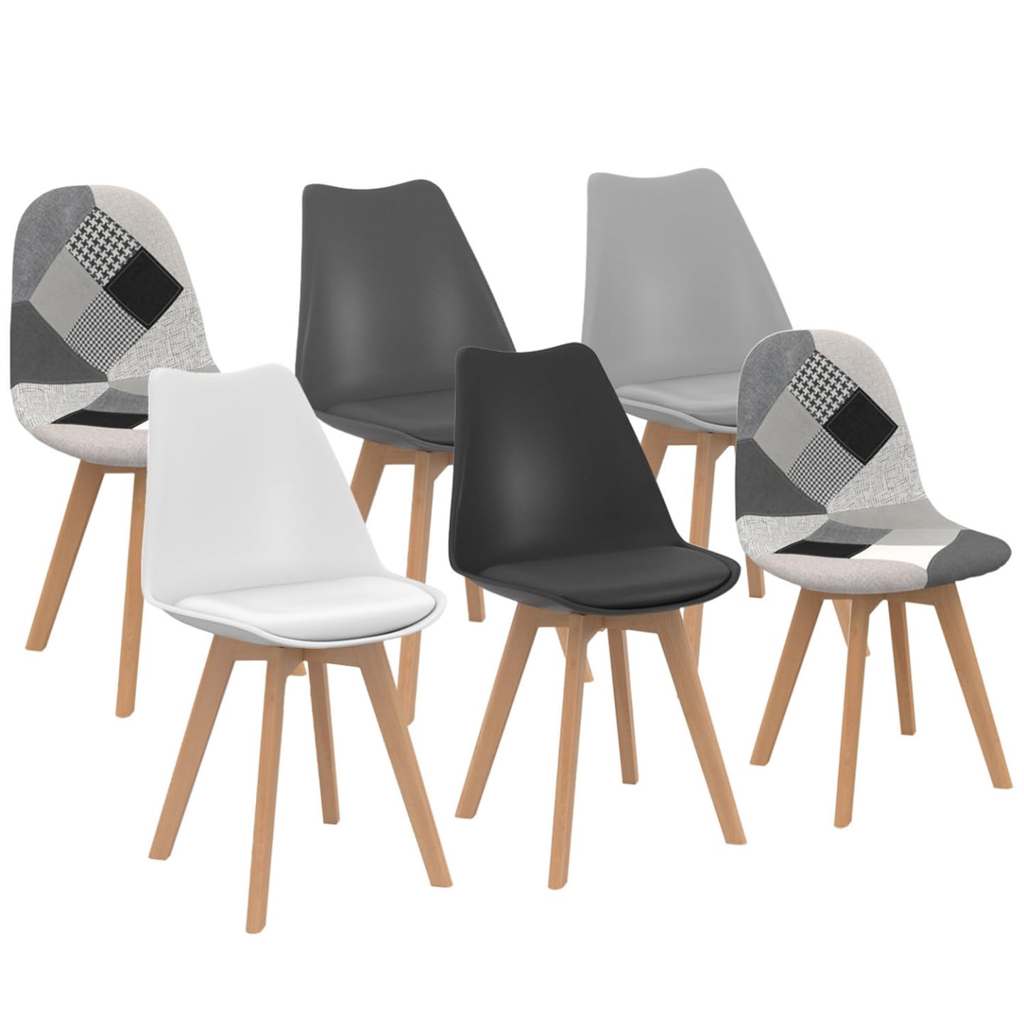 IDMarket - Set di 6 sedie SARA grigio scuro, grigio chiaro, bianco, nero e patchwork nero, grigio e bianco