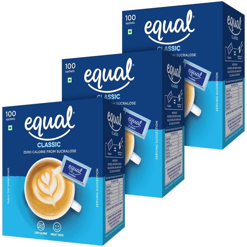 Equal Classic Zero Calorie Sweetener with #NOASPARTAME | Sugar Free Sweetener | Zero Calorie with Great Taste | 100 Sachets | Pack of 3