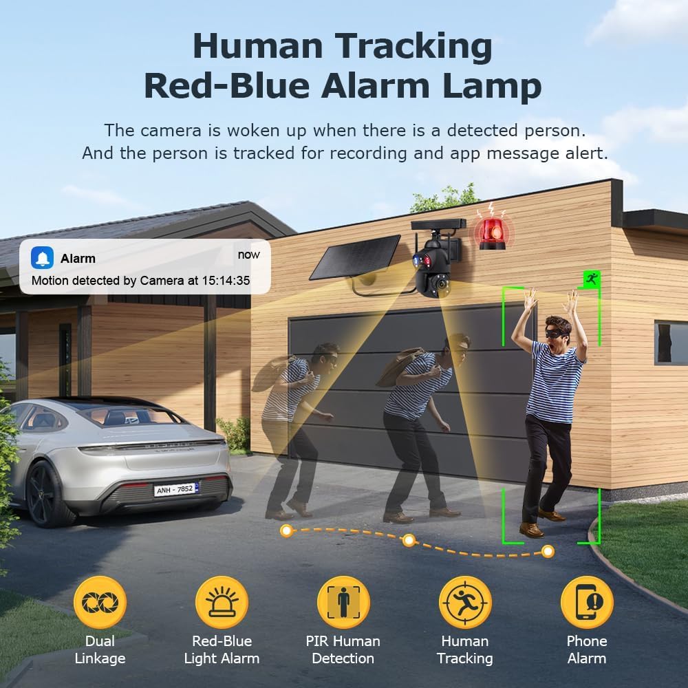 SHIWOJIA WLAN Überwachungskamera Aussen Solar, 360° PTZ Solar Kamera Outdoor mit Dual Objektiv, 36X Zoom, 100m Ultra HD Nachtsicht，Farb-Nachtsicht, 2-Wege-Audio​, IP66