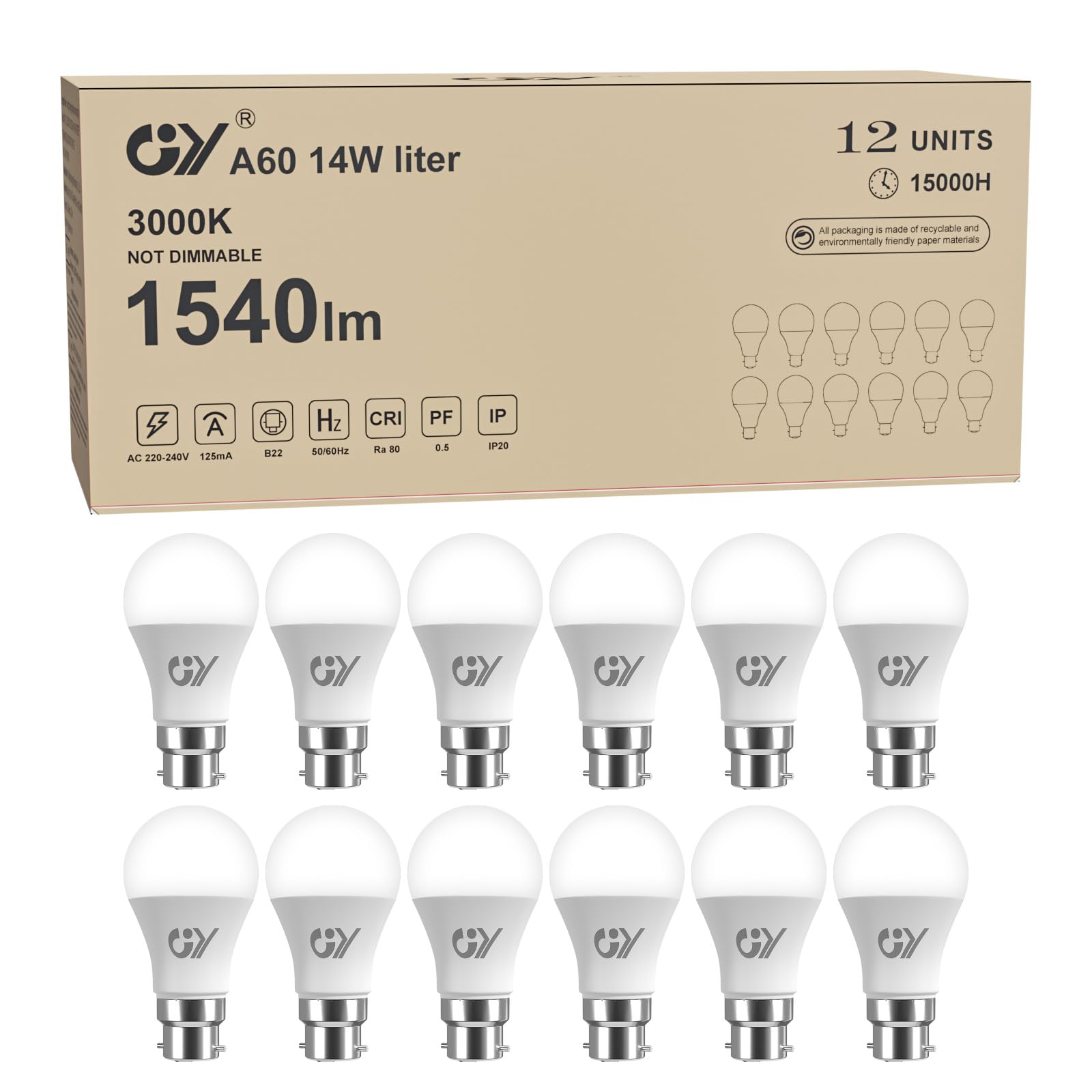 GY GY Bayonet LED Bulb B22 Ultra Bright Energy Saving Light Bulb,3000K Warm White A60 14W 1540LM,Replaces 100W, Non-dimmable,12 Pack