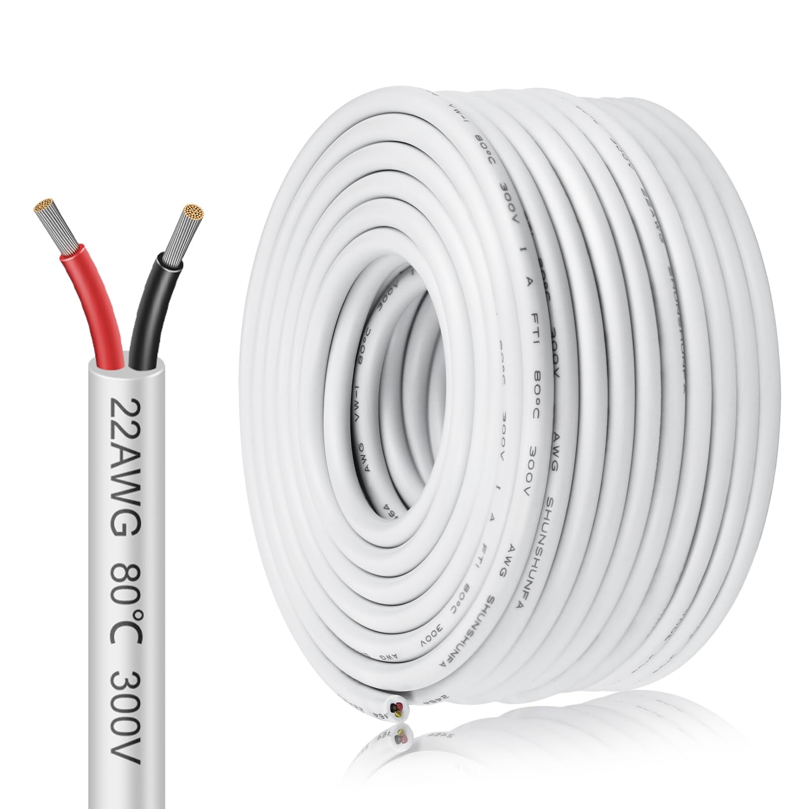 inShareplus 22AWG 2x0.3mm² 20m Electrical Wire, 5V/12V/24V White Tinned Copper, 2 Core, 300V, Flexible, High Temp Resistant