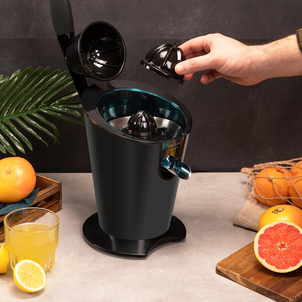 Cecotec Elektrischer Zitruspressen EssentialVita PowerFresh 1000 Black, Leistung 1000 W, Edelstahlfilter, 6 Titanblätter, kontinuierliche Extraktion, Tropfschutz, spülmaschinenfeste Teile