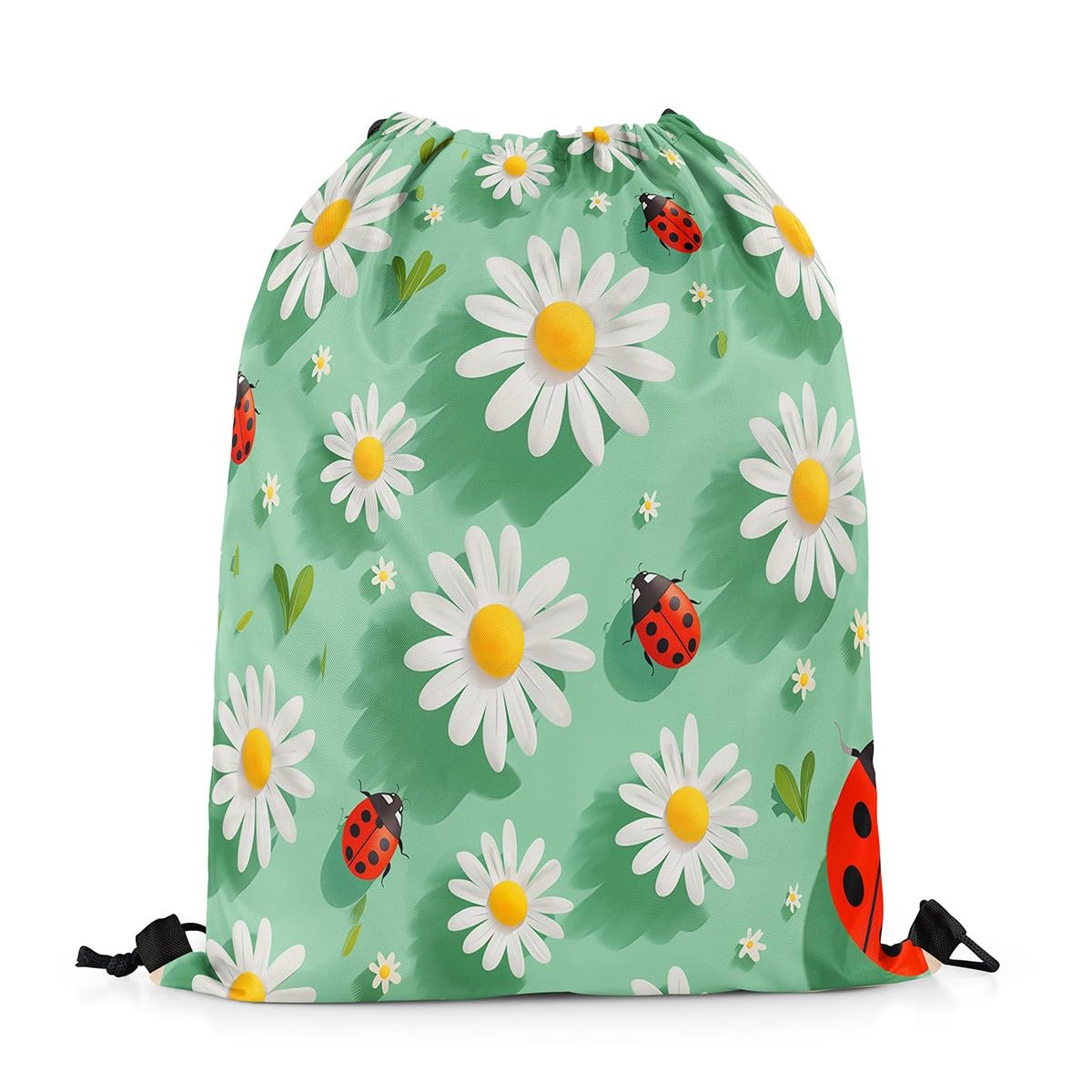 Homewish Ladybug Drawstring Backpack 33 x 40 cm Cute Ladybird Drawstring Bags White Daisy Flowers Draw String Back Bag Kawaii Garden Floral Animals String Backpack Rustic Farmhouse Green Cinch Bag