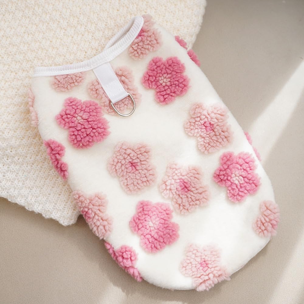 KUTKUT Small Dog Cat Flower Sleeveless Winter Vest With D-Ring Soft Warm Coral Fleece Double Layer Cozy Soft Button Open Sweater Small Doggie Outfit For Shihtzu,Bichon (Size:L,Chest:45Cm),1 Count 1