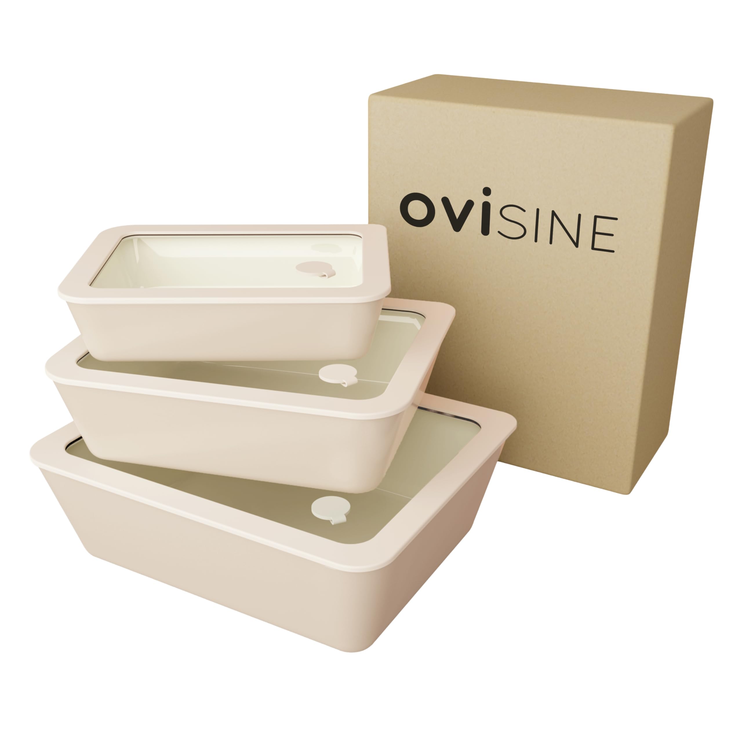 eckiges Vorratsdosen-Set Buoux in Beige | 3-teilig | mit Antihaftbeschichtung aus Keramik | Deckel aus Glas | Ofen- und Mikrowellengeeignet | Füllmenge: 0,7L - 1,4L - 2,7L