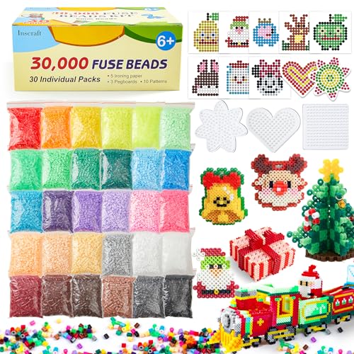Inscraft 30,000 ヒューズビーズキット – 30個パックアイアンビーズセット ペグボード3個 アイロンペーパー5枚 10パターン 誕生日/クリスマスギフト/マルチカラー 5mm メルティビーズ まとめ買いキット（Amazon）