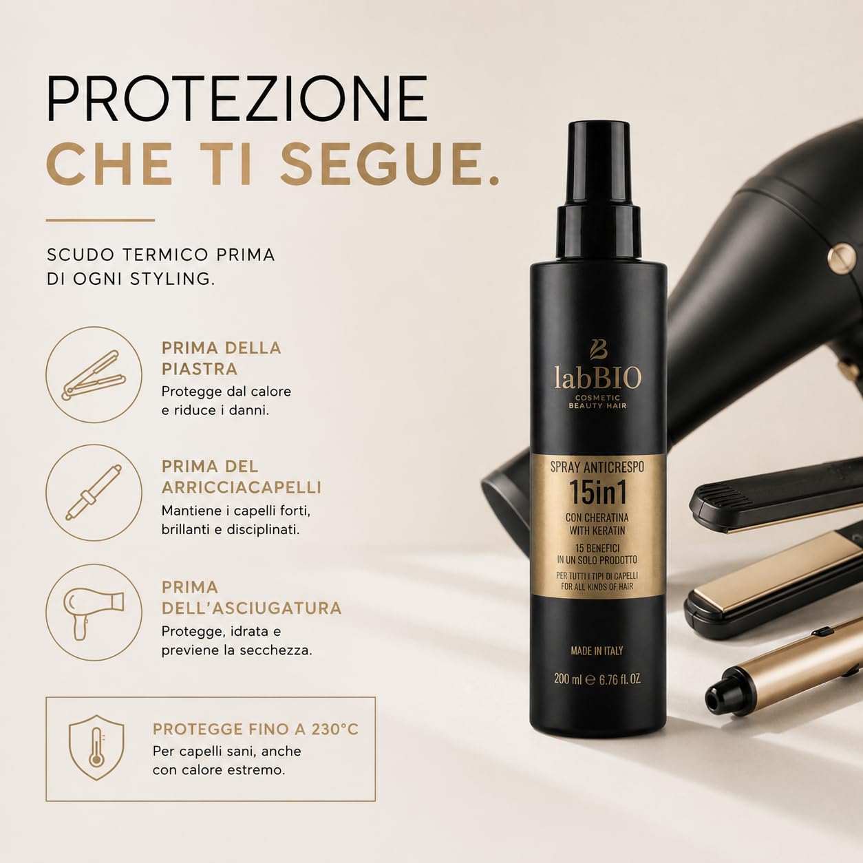 Spray Anticrespo senza risciacquo con keratin 200ml,Districante e Riparatore per Capelli Danneggiati, Protezione Calore, Ideale Dopo Mare e Sole e Anti Umidità, Effetto Lucido e Setoso