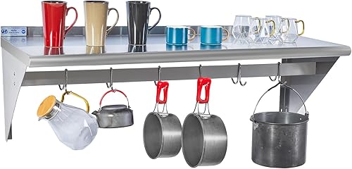 Miniatura 10 de Hally Estante de acero inoxidable con 6 ganchos de 14 x 36 pulgadas montado en la pared, 300 libras, estantería flotante comercial NSF para Con