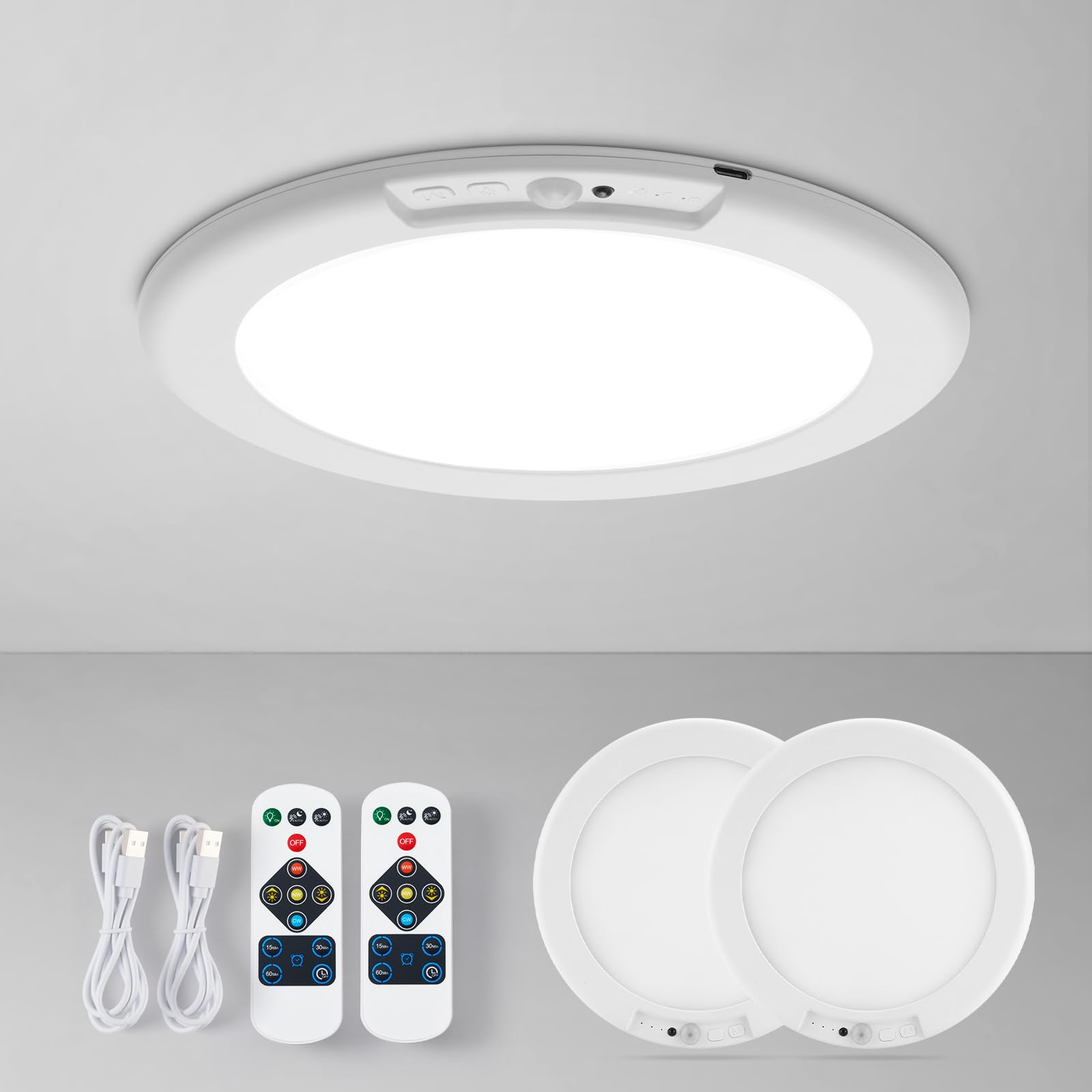Leselux Plafón LED Techo Recargable con Sensor de Movimiento, 2 Piezas | Batería 6000mAh Lampara de Techo sin Cables ccon Mando a Distancia, 3 Temperaturas de Color Dimmable, para Porche Escaleras