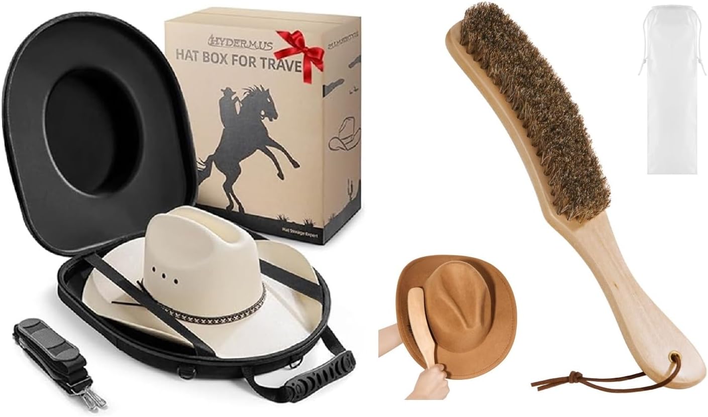 Cowboy Hat Box for Travel, Waterproof Hat Travel Case, Cowboy Hat Brush, 100% Horsehair Brush for Cleaning