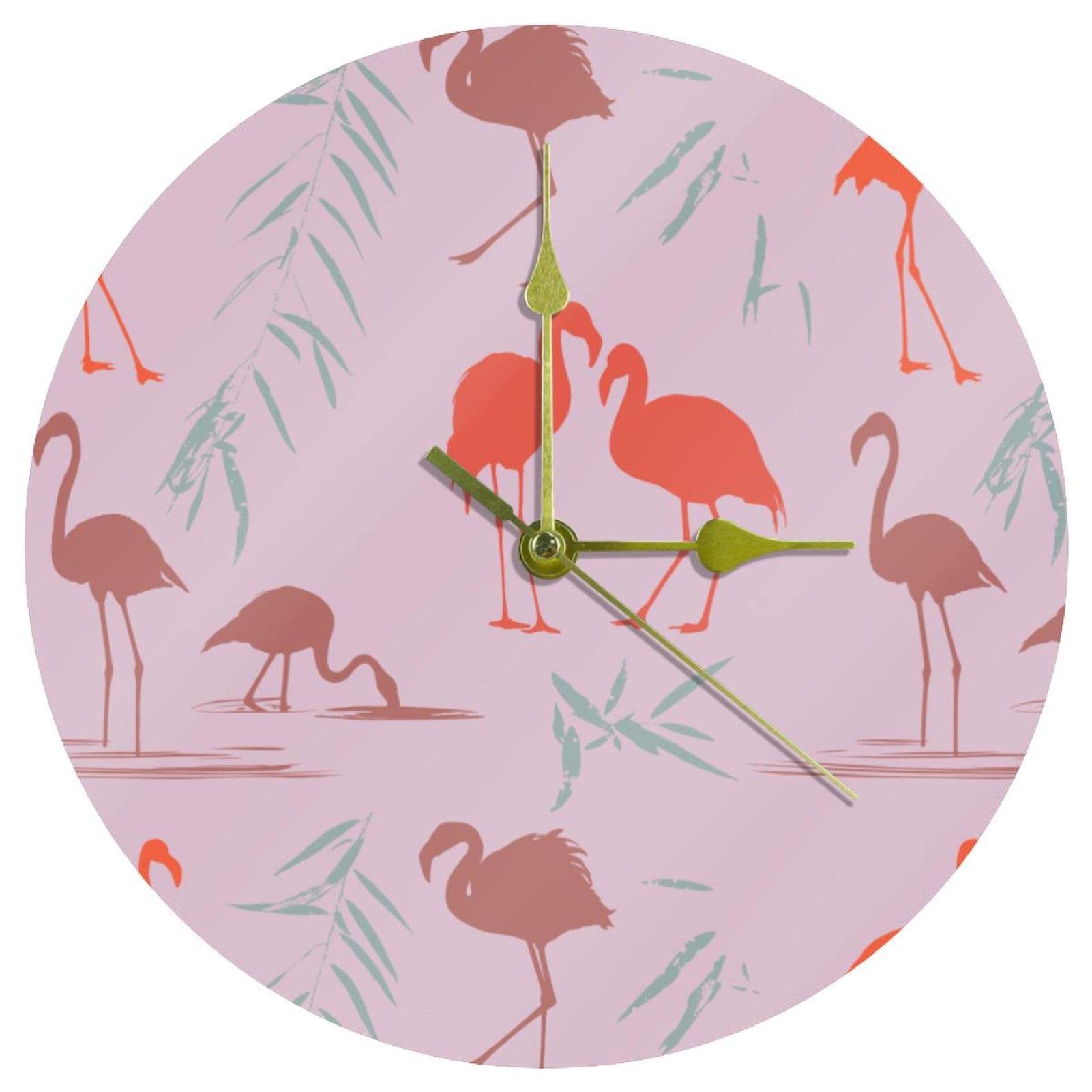 Horloge murale flamant rose en acrylique de 24 cm ronde et silencieuse