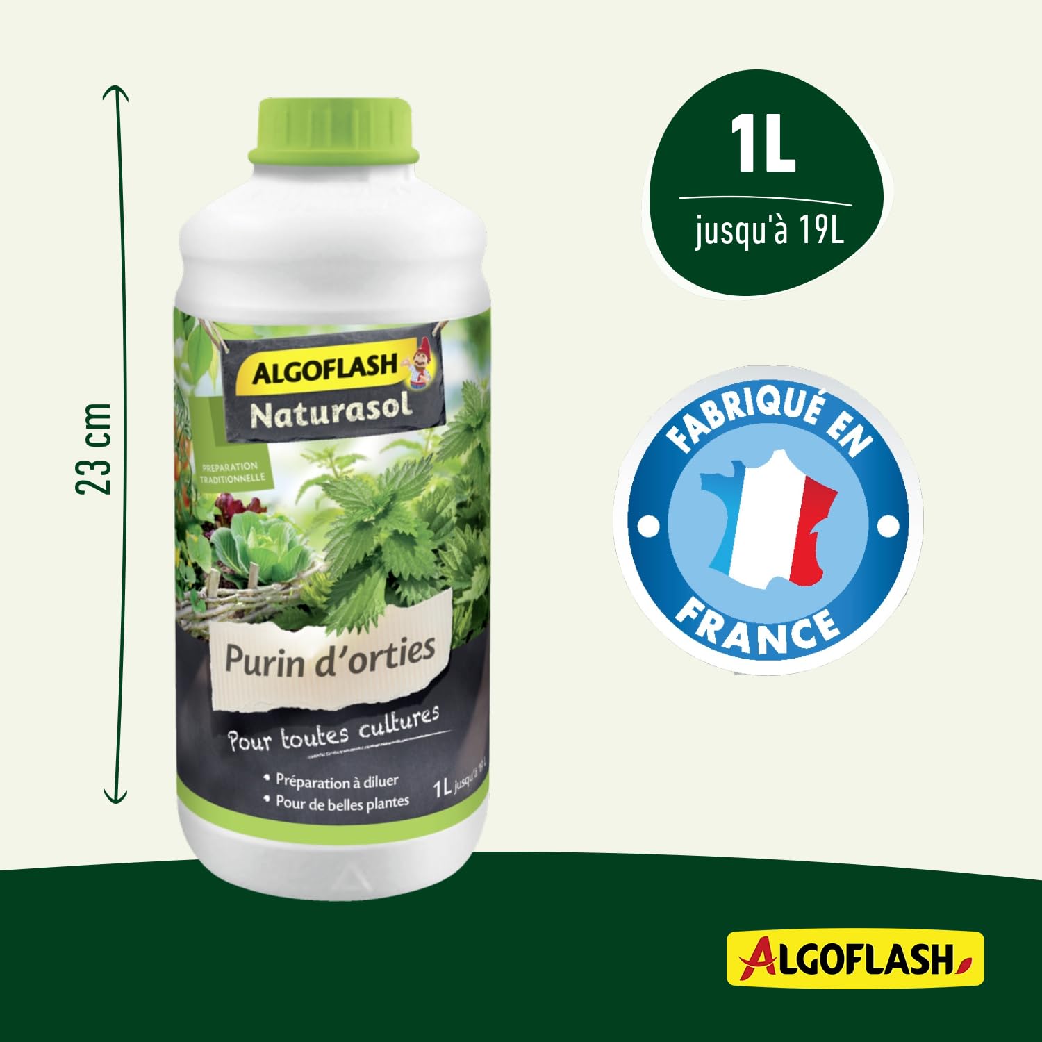 ALGOFLASH NATURASOL Purin d'orties liquide, Jusqu'à 20 L, Bouchon doseur inclus, 1L, ALPURIN, Vert