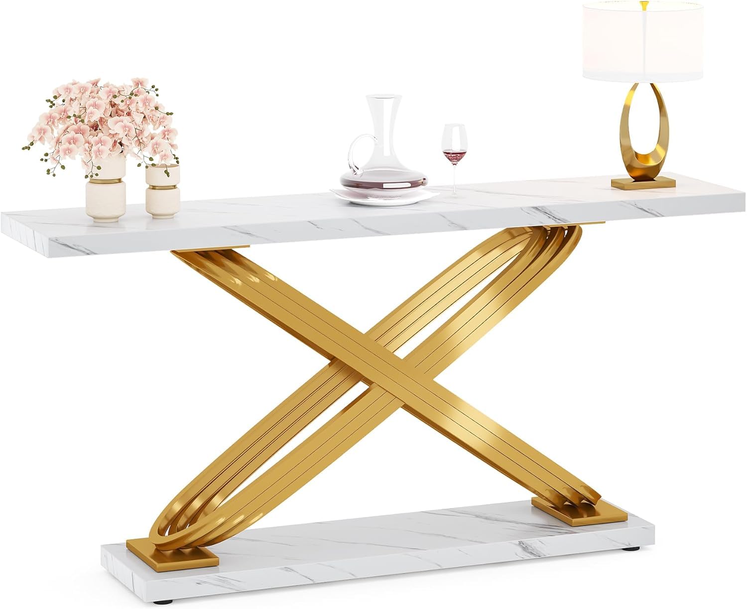 Tribesigns Consolle Ingresso,Tavolo Consolle in Marmo Moderno Bianco e Oro,Telaio in Metallo, 140 x 33 x 80 cm Tavolo d'ingresso alto e stretto,per Soggiorno, Corridoio (Bianco)