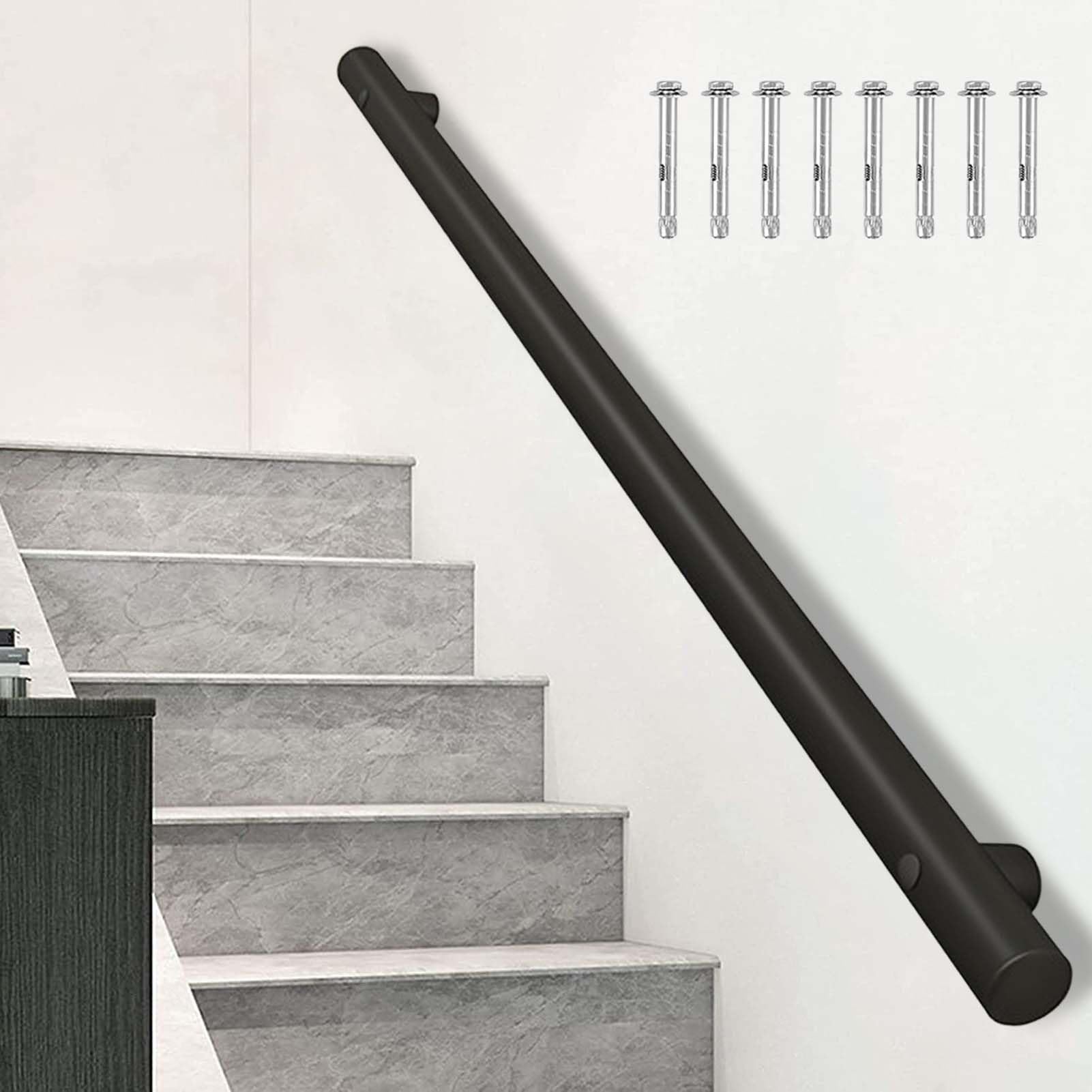 Fkxsxaz Black Banister Handrail 1M 1.5M 2M 2.5M 3M Wall Mounted Stair Balustrade 5.1Cm Round Pipe Indoor Outdoor Safety Hand Rails Grab Bar(9Ft/270Cm)