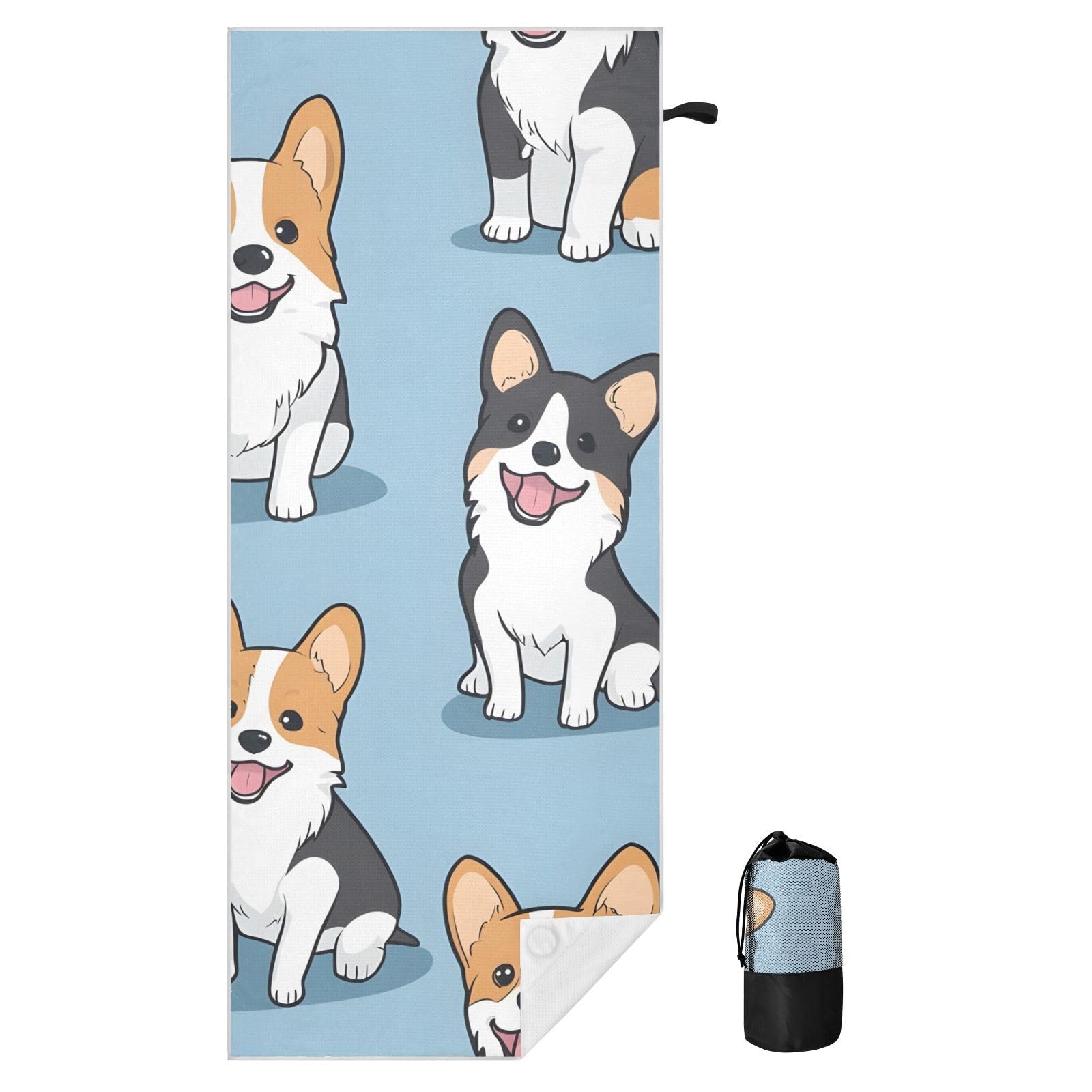 Toallas de playa grandes con bolsas de malla para adultos, toalla de baño con patrón de perros Corgi con cierre magnético, toalla absorbente de secado rápido para piscina, camping y viajes, 190