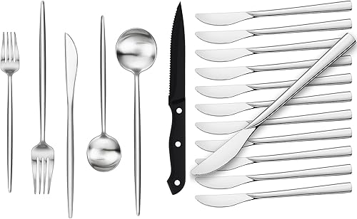 Stapava Juego de cubiertos mate de 24 piezas con cuchillos para carne, además de cuchillos de cena, juego de cubiertos de acero inoxidable, juego de