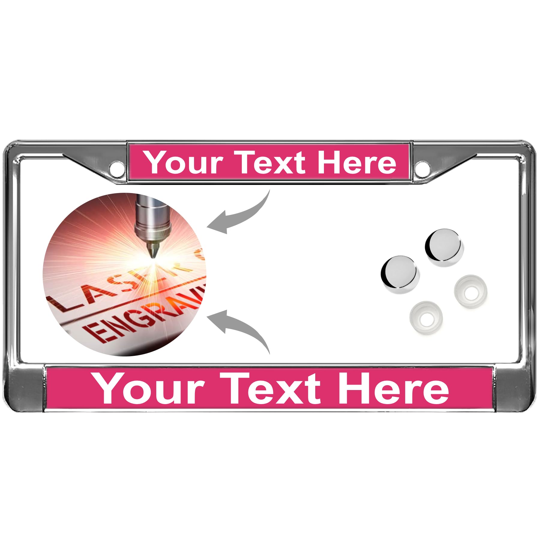 Custom Chrome Metal Standard Car License Plate Frame - Pink/White Text
