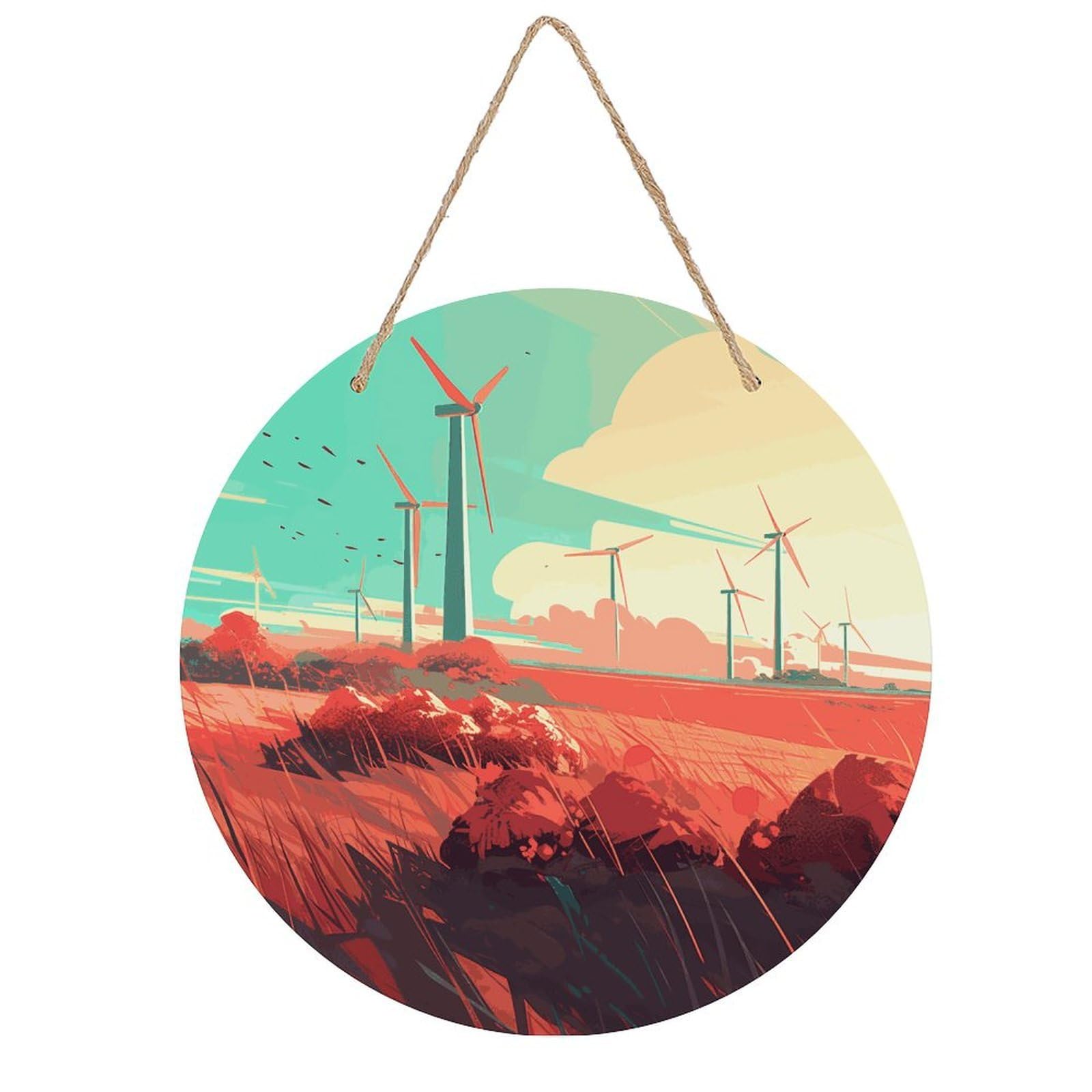 FekiLoot Round Windmill in Field Wall Art Decor Painting Wooden Hanging Sign with Ropes Bohemian Wall Hanging Retro Mid Century Modern Wall Art for Home Bedroom Living Room 7.9x7.9 in